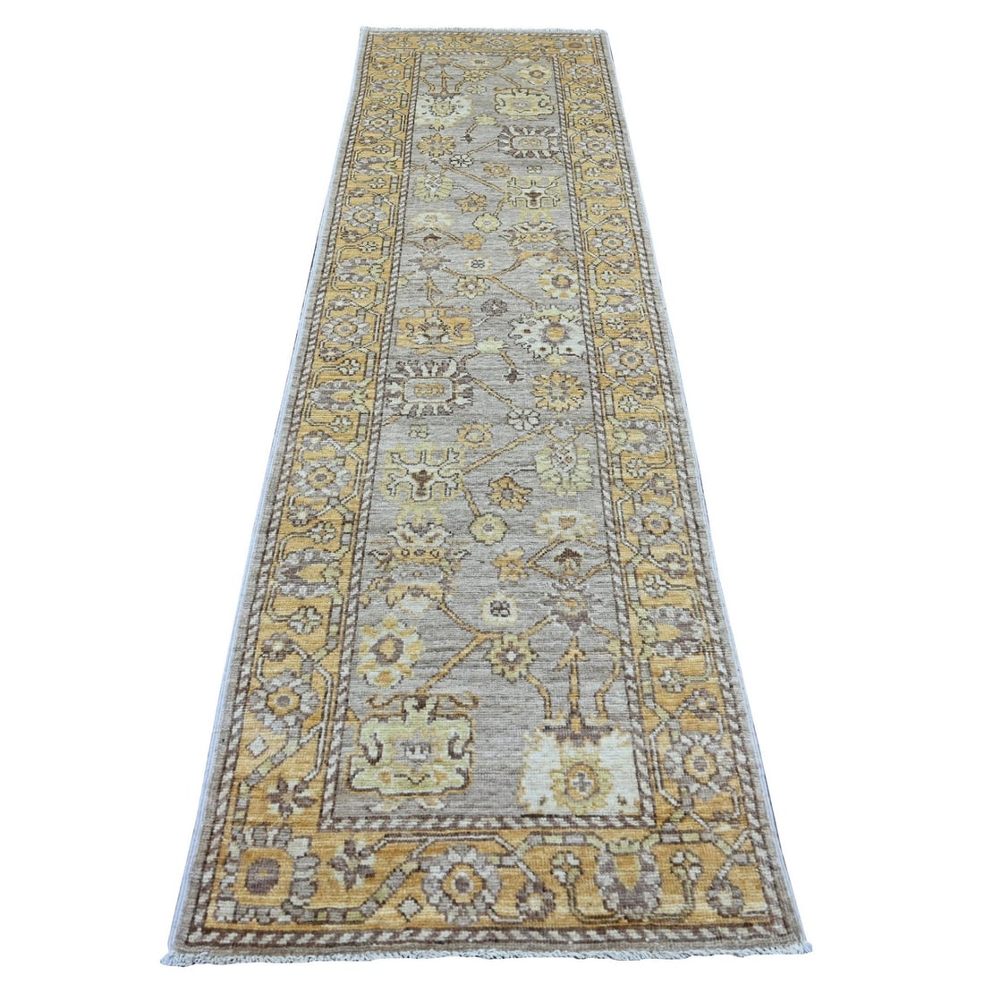 2'9"x9'7" Gray Hand Knotted Wool Afghan Angora Oushak Runner Oriental Rug: 2'9"x9'7" Gray Hand Knotted Wool Afghan Angora Oushak Runner Oriental Rug The Oushak runner features a stunning floral pattern in soft grey hues, complemented by subtle yellow and green accents.
