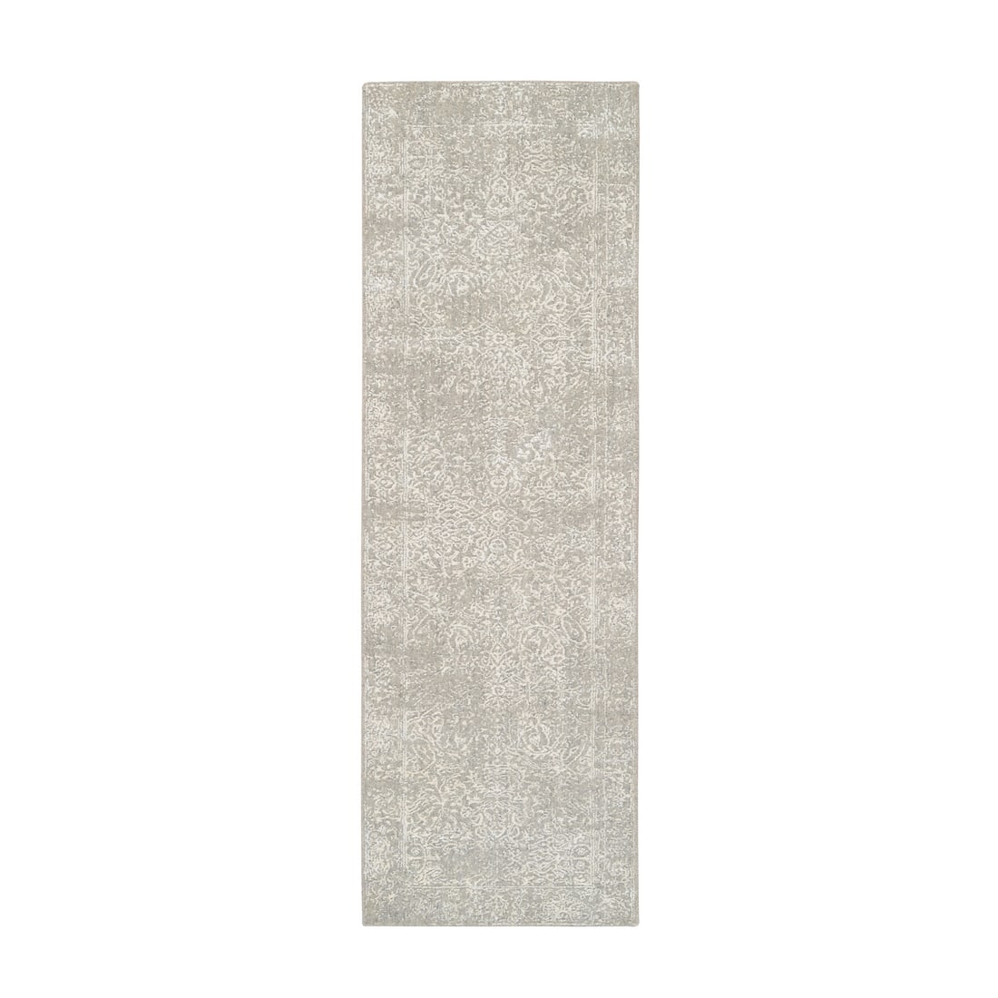 2'6"x8' Beige Wool and Silk Hand Loomed Fine Jacquard Runner Rug: 2'6"x8' Beige Wool and Silk Hand Loomed Fine Jacquard Runner Rug This beautiful beige wool and silk hand loomed fine Jacquard runner rug boasts an elegant oriental design, carefully crafted on a power