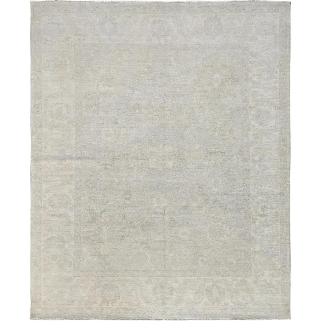 8'1"x9'10" Ivory Oushak Design White Wash Peshawar Hand Knotted Wool Rug: 8'1"x9'10" Ivory Oushak Design White Wash Peshawar Hand Knotted Wool Rug 8'1" x 9'10" Ivory Oushak Design White Wash Peshawar Hand Knotted Wool Rug - A stunning example of traditional Afghan