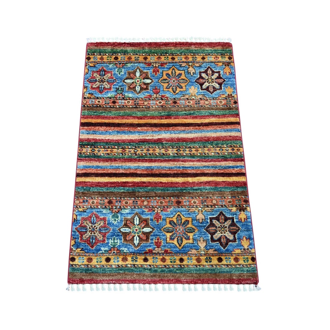 2'x3'2" Colorful Afghan Super Kazak Hand Knotted Pure Wool Mat Rug: 2'x3'2" Colorful Afghan Super Kazak Hand Knotted Pure Wool Mat Rug Colorful and vibrant, this 2'x3'2" Kazak-style Afghan hand-knotted pure wool mat rug boasts a stunning all-over regional design in a 