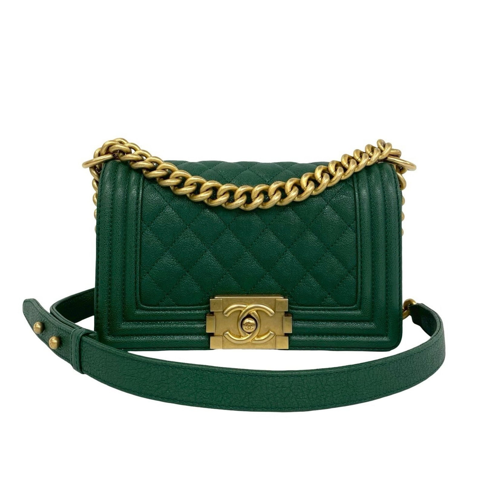 Calfskin Chanel Bag Shoulder: Calfskin Chanel Bag Shoulder Grained Calfskin Chanel Bag Shoulder - A stylish and elegant shoulder bag made from high-quality green grained calfskin, measuring 12cm x 20cm x 6.5cm. The classic design