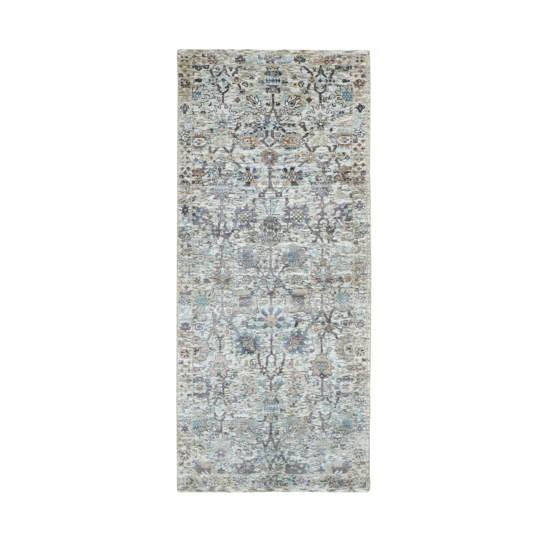 2'6"x6'2" Ivory Silk With Textured Wool Tebraz Runner Hand Knotted Rug: 2'6"x6'2" Ivory Silk With Textured Wool Tebraz Runner Hand Knotted Rug Hand-knotted with wool and silk, this 2'6"x6'2" ivory runner rug boasts an Oriental design in a timeless pattern. The textured