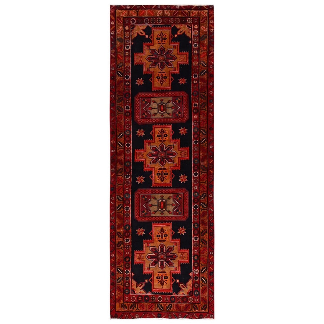 3'2"x10'7" Black Vintage Zoroastrian Pure Wool Hand Knotted Runner Rug: 3'2"x10'7" Black Vintage Zoroastrian Pure Wool Hand Knotted Runner Rug Black Zoroastrian Pure Wool Hand Knotted Runner Rug boasts an impressive medallion pattern, set against a rich black field. This