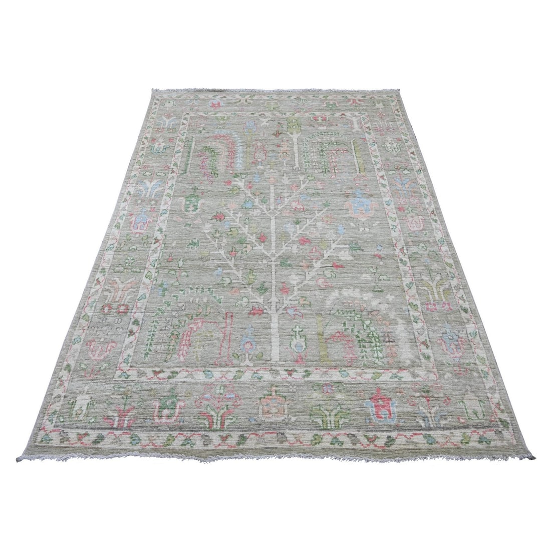 5'x7'1" Sage Green Hand Knotted Afghan Angora Oushak Tree Design Wool Rug: 5'x7'1" Sage Green Hand Knotted Afghan Angora Oushak Tree Design Wool Rug Sage green and tree design come together in this stunning 5'x7'1" hand knotted Afghan Angora Oushak wool rug, featuring a