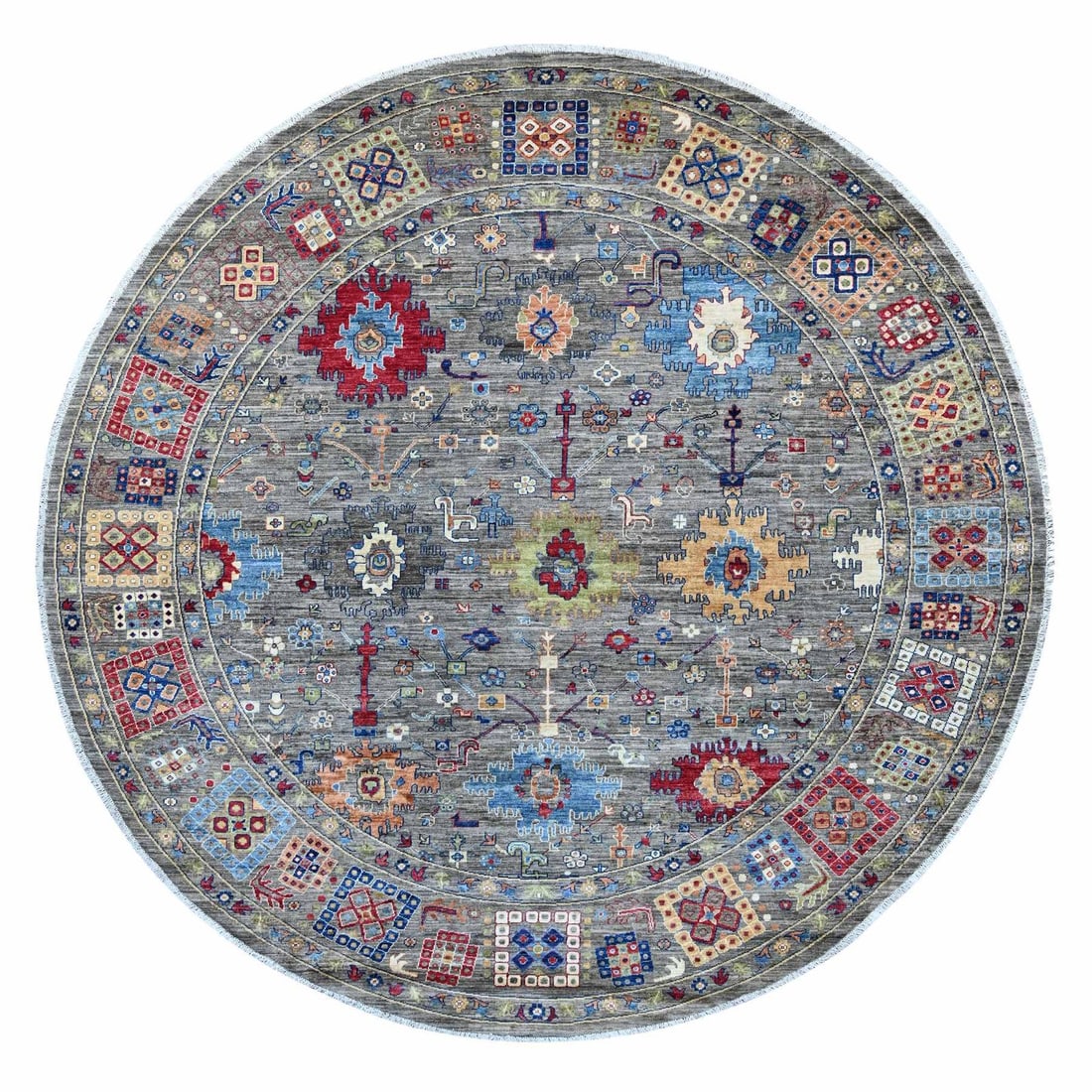 10'x10' Gray Peshawar Ziegler Mahal Design Hand Knotted Wool Round Rug: 10'x10' Gray Peshawar Ziegler Mahal Design Hand Knotted Wool Round Rug The Peshawar Ziegler Mahal design hand knotted wool round rug boasts a stunning grey field color, beautifully complemented by