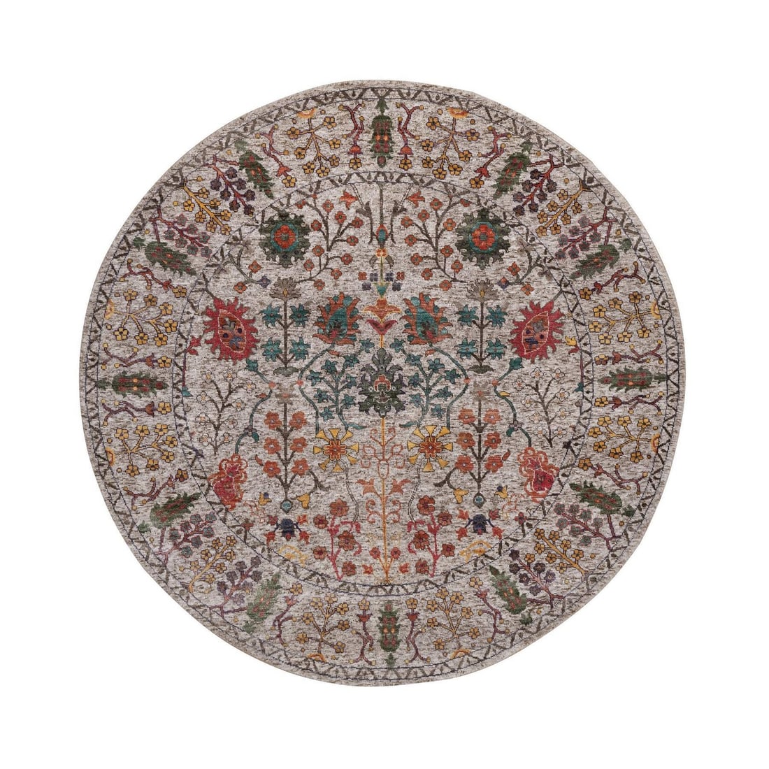 6'x6' Ivory Silk with Wool Rug Directional Vase Design Hand Knotted Round: 6'x6' Ivory Silk with Wool Rug Directional Vase Design Hand Knotted Round Hand-knotted in wool and silk, this stunning 6'x6' round rug boasts an intricate directional vase design that adds visual inte