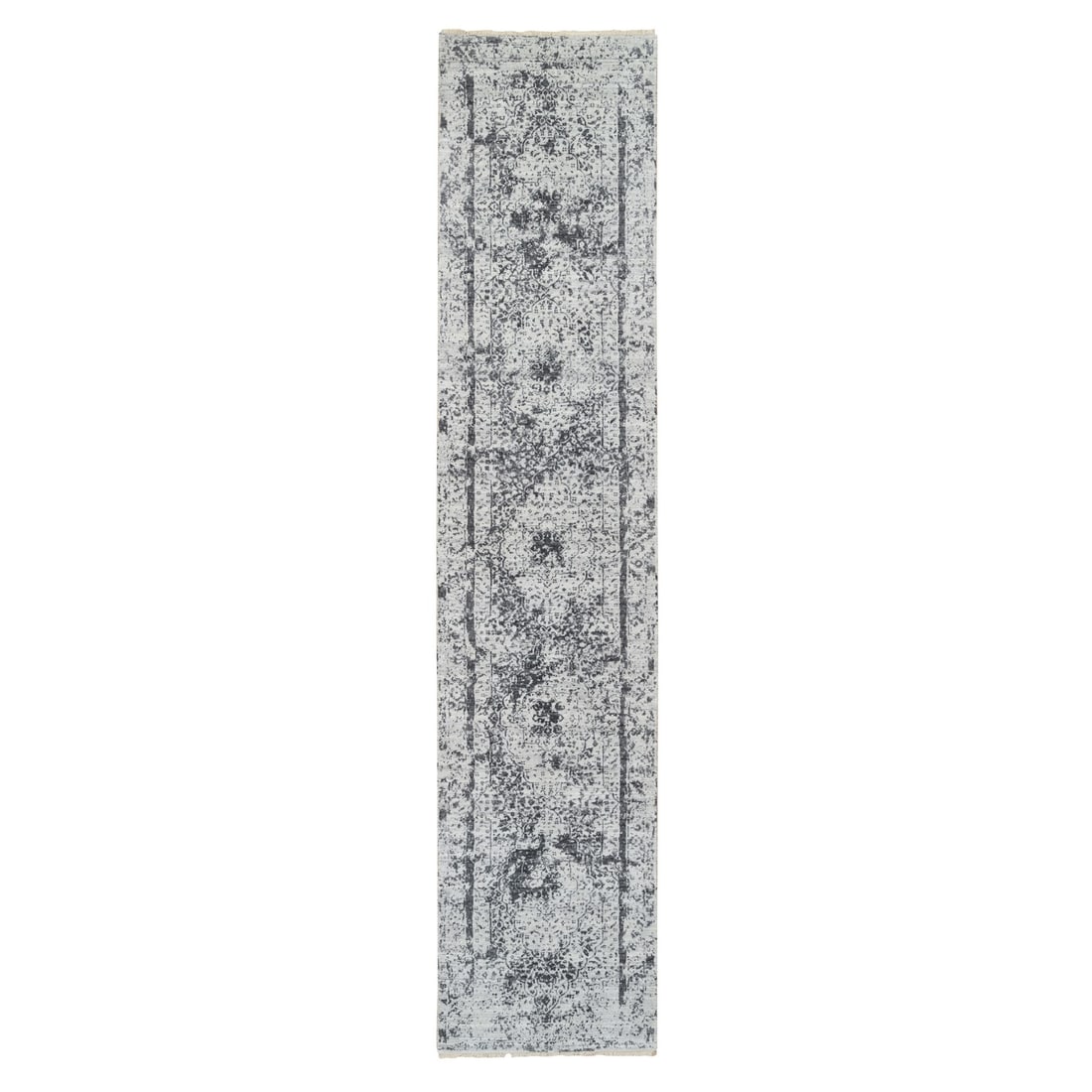 2'7"x12' Gray Wool/ Silk Hand Knotted Erased Zoroastrian Design Runner Rug: 2'7"x12' Gray Wool/ Silk Hand Knotted Erased Zoroastrian Design Runner Rug Hand-knotted in wool and silk, this 2'7"x12' gray Zoroastrian design runner rug boasts an intricate erased pattern. Made