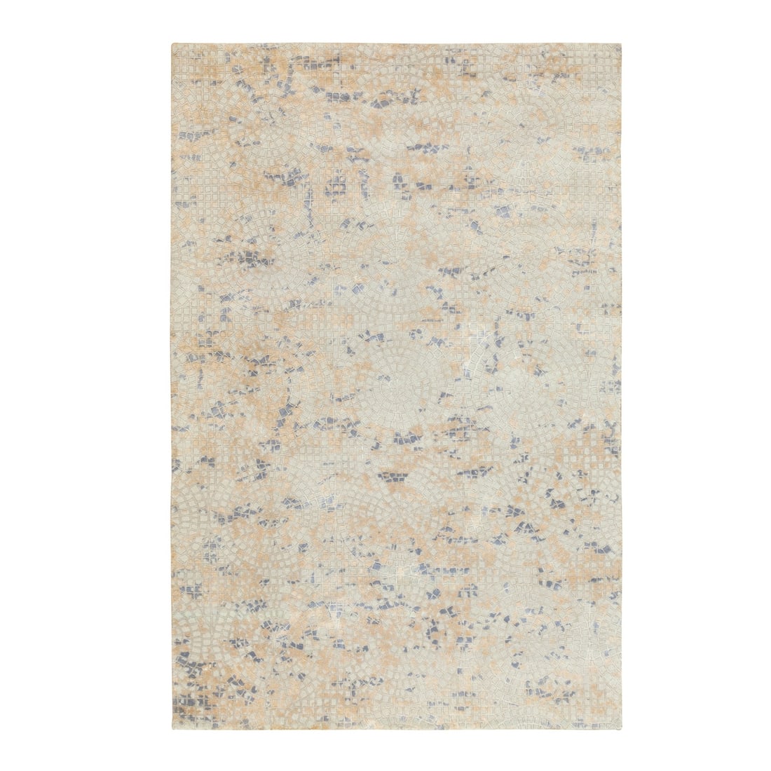 5'10"x9' Gray Wool and Pure Silk Mosaic Design Hand Knotted Modern Rug: 5'10"x9' Gray Wool and Pure Silk Mosaic Design Hand Knotted Modern Rug The 5'10"x9' Gray Wool and Pure Silk Mosaic Design Hand Knotted Modern Rug boasts a striking mosaic design in ivory,