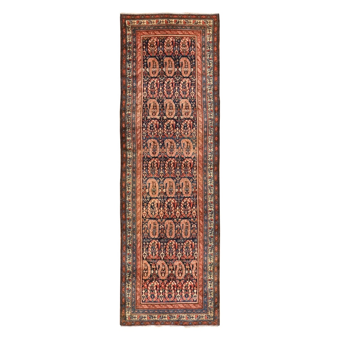 3'10"x12'5" Blue Wool Rug Antique Zoroastrian Village Hand Knotted Runner: 3'10"x12'5" Blue Wool Rug Antique Zoroastrian Village Hand Knotted Runner Blue Wool Rug, Hand Knotted in Zoroastrian Style. This stunning 3'10"x12'5" blue wool rug features an all-over regional