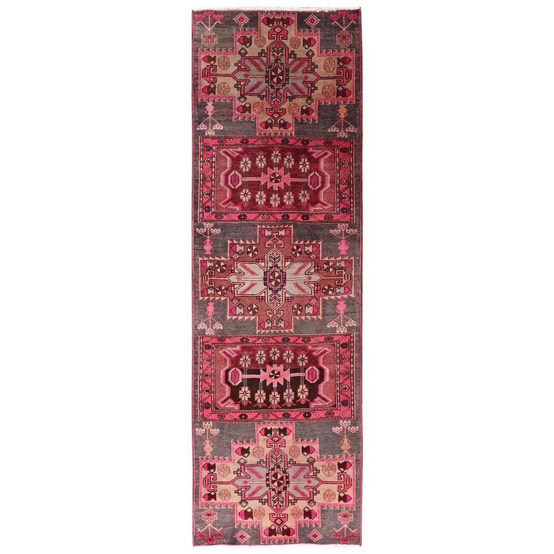 2'9"x9'1" Pink Vintage Northwest Zoroastrian Hand Knotted Wool Runner Rug: 2'9"x9'1" Pink Vintage Northwest Zoroastrian Hand Knotted Wool Runner Rug This stunning pink Zoroastrian hand-knotted wool runner rug boasts a striking geometric pattern and vibrant field color,
