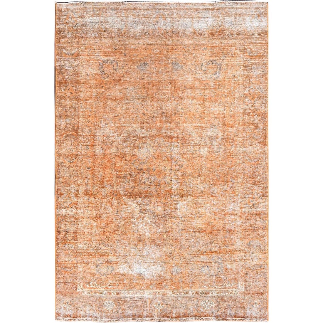 6'1"x9' Orange Overdyed Old Tebraz Distressed Look Wool Hand Knotted Rug: 6'1"x9' Orange Overdyed Old Tebraz Distressed Look Wool Hand Knotted Rug This stunning orange overdyed wool hand-knotted rug boasts an authentic Zoroastrian style, with intricate details and a rich,