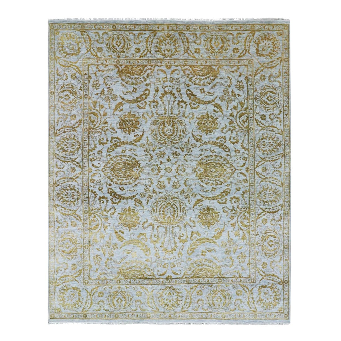8'x10' Sky Blue Zoroastrian Influence Design Wool & Silk Hand Knotted Rug: 8'x10' Sky Blue Zoroastrian Influence Design Wool & Silk Hand Knotted Rug The 8'x10' Sky Blue Zoroastrian Influence Design Wool & Silk Hand Knotted Rug boasts an intricate Oriental pattern, woven