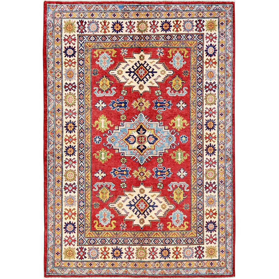 4'10"x7' Red Kazak with Geometric Medallions Design Hand Knotted Wool Rug: 4'10"x7' Red Kazak with Geometric Medallions Design Hand Knotted Wool Rug The vibrant red color and geometric medallions design make this hand-knotted wool Kazak rug a stunning addition to any room.