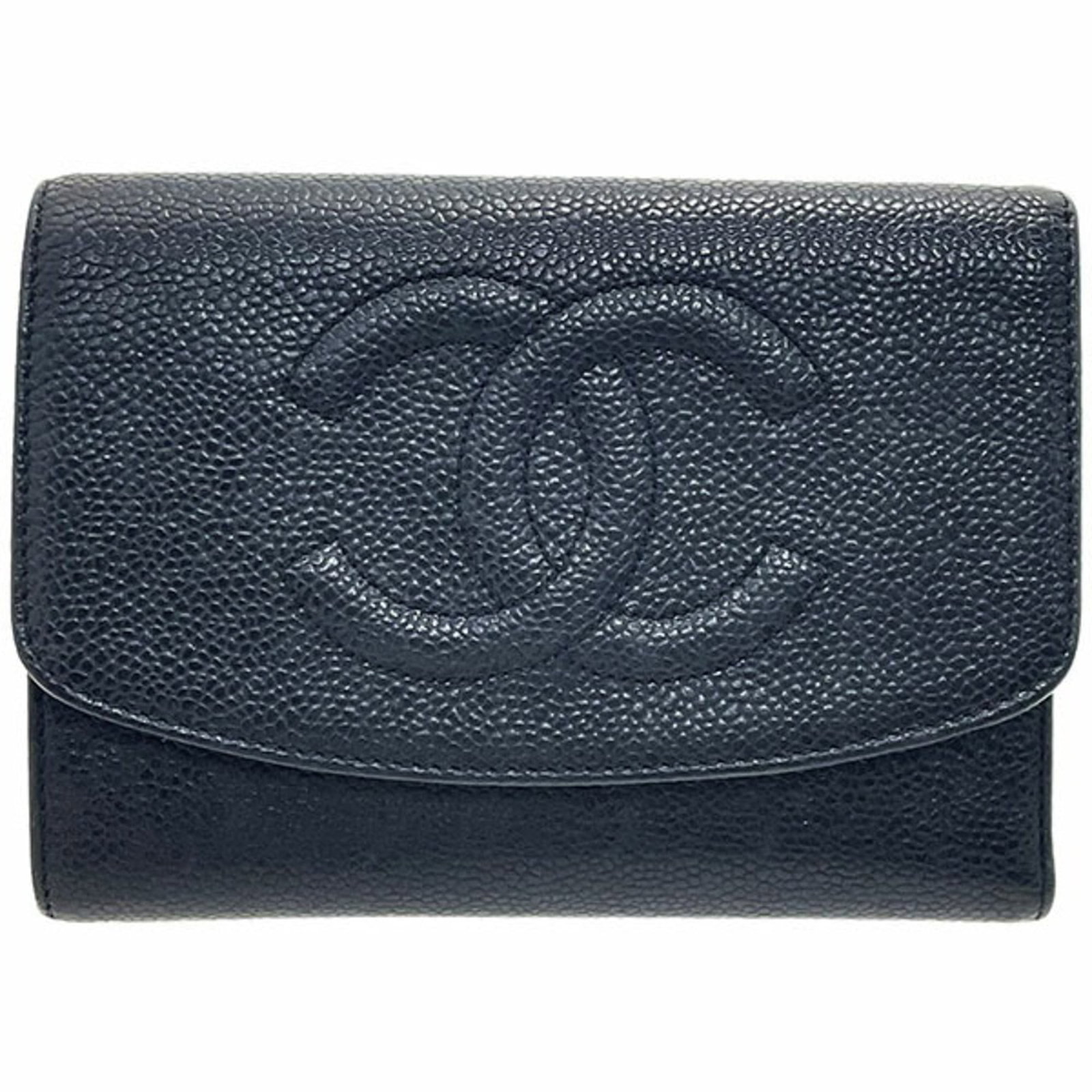 Chanel Wallet (Tri-Fold) Grained Calfskin: Chanel Wallet (Tri-Fold) Grained Calfskin Chanel's iconic tri-fold wallet features a sleek, black design crafted from high-quality grained calfskin. This timeless piece boasts a classic,