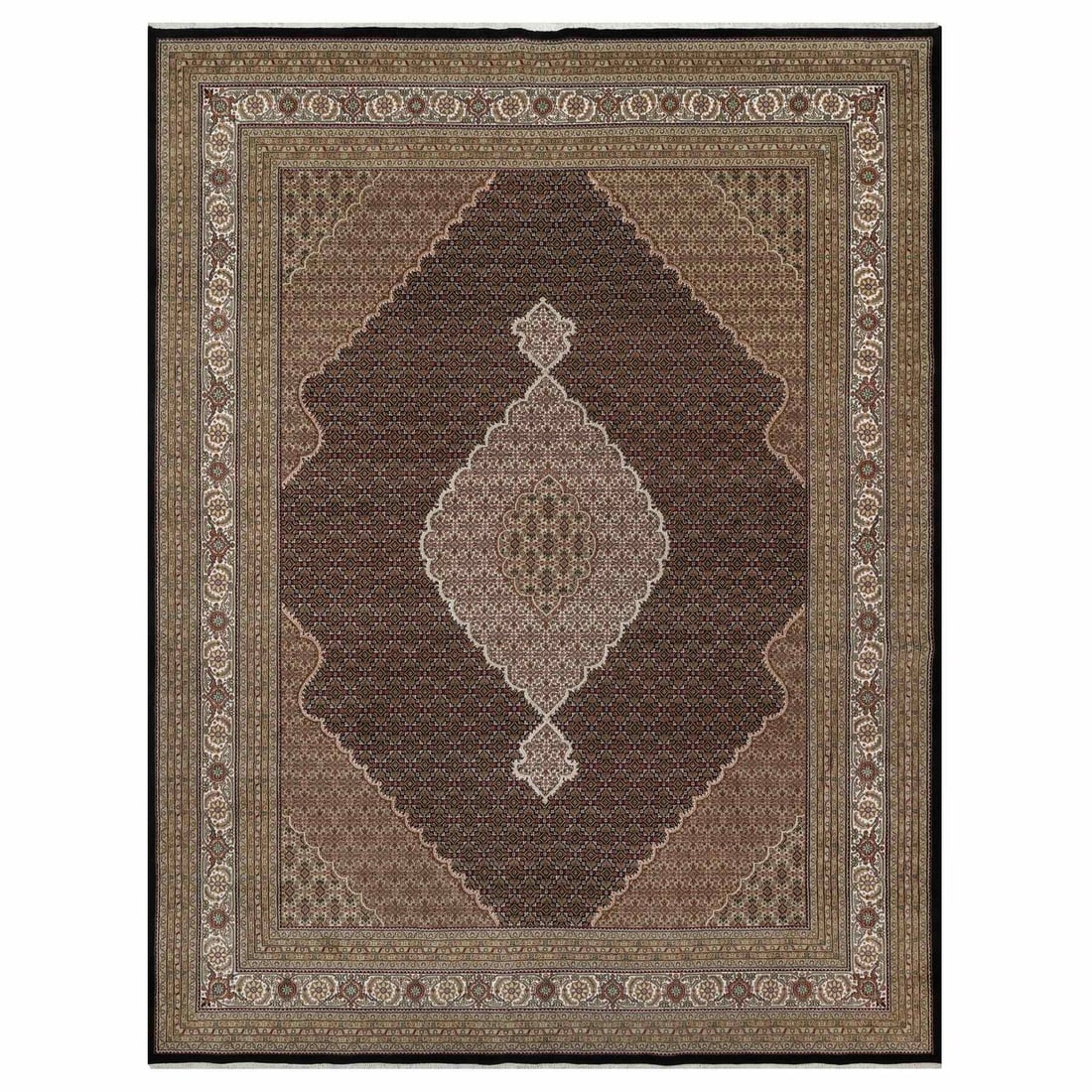 11'8"x15'2" Black Hand Knotted Tebraz Mahi Fish Design Wool Oversized Rug: 11'8"x15'2" Black Hand Knotted Tebraz Mahi Fish Design Wool Oversized Rug The Tebraz Mahi fish design wool rug boasts an impressive 11'8" x 15'2" rectangular shape, perfectly suited for a spacious