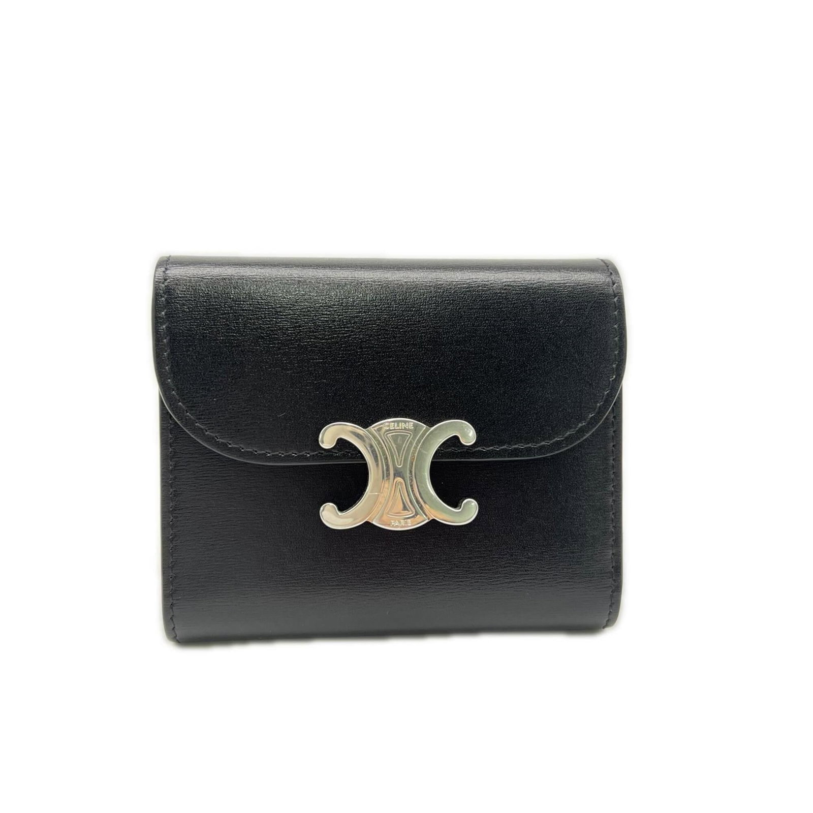 Celine Wallet (Tri-Fold) Leather: Celine Wallet (Tri-Fold) Leather Calfskin leather construction provides durability and flexibility. The tri-fold design offers multiple compartments for organization, while the black finish adds a