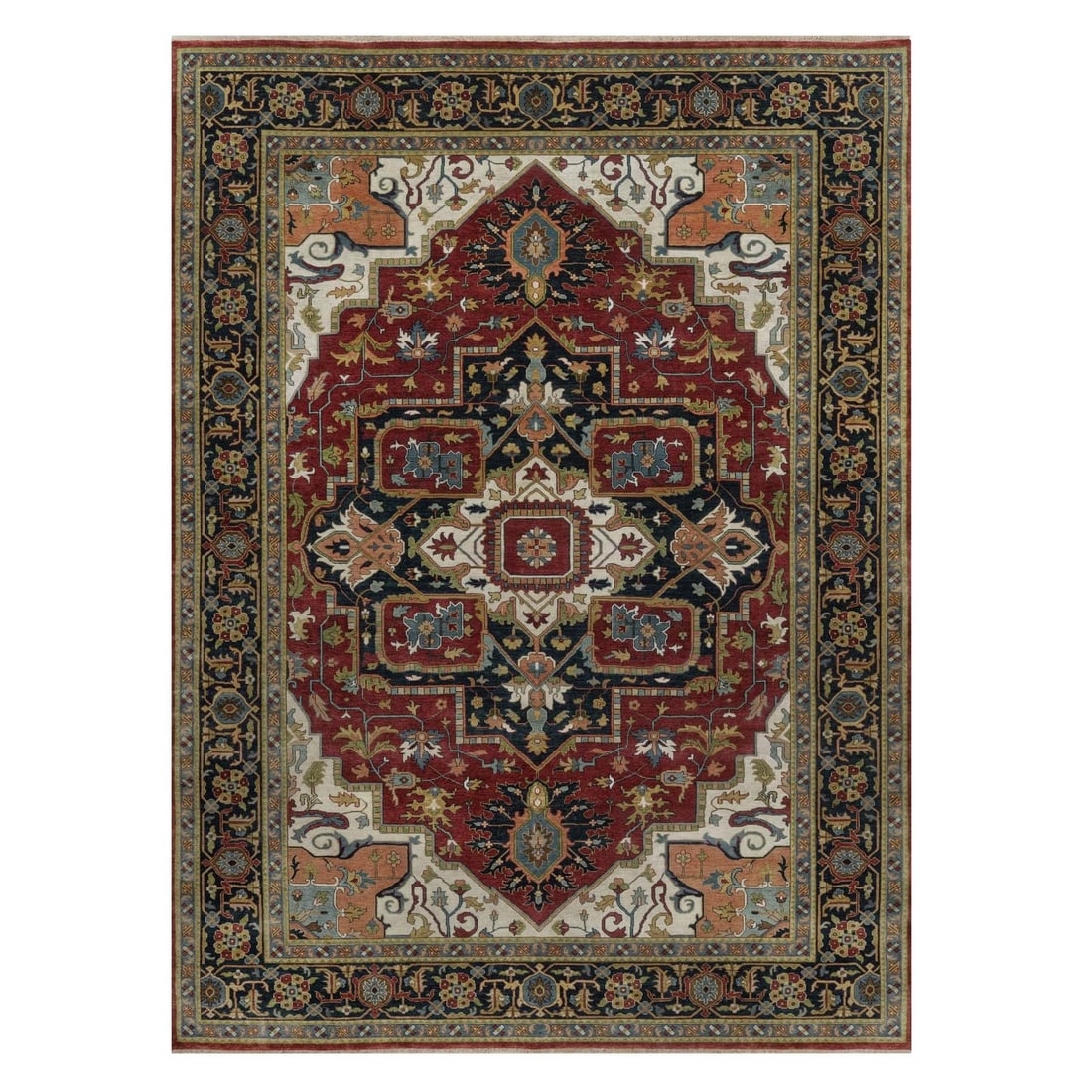 8'8"x12' Red Hand Knotted Wool Rug Antiqued Fine Heris Revival Oriental: 8'8"x12' Red Hand Knotted Wool Rug Antiqued Fine Heris Revival Oriental 8'8" x 12' Red Hand Knotted Wool Rug in Medallion Pattern, Made from Fine Heris Revival Oriental Style. This stunning hand-knott