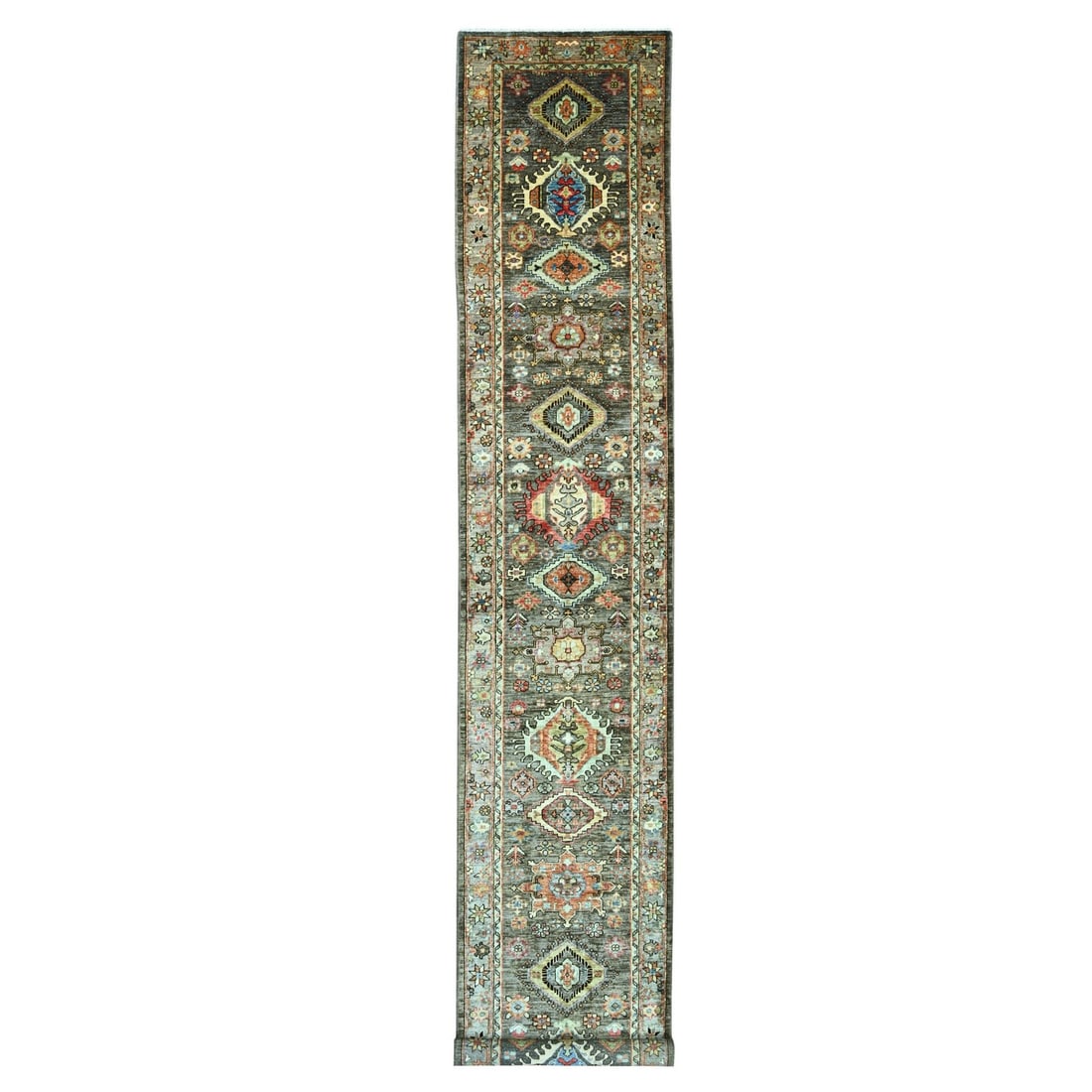 2'7"x15'7" Brown Peshawar Karjihooz Design Wool Hand Knotted Runner Rug: 2'7"x15'7" Brown Peshawar Karjihooz Design Wool Hand Knotted Runner Rug The Peshawar Karjihooz Design Wool Hand Knotted Runner Rug boasts an impressive size, measuring 2'7" x 15'7" with a rich brown