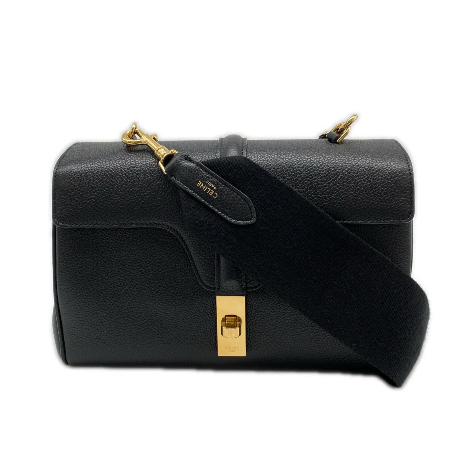 Celine Shoulder Bag: Celine Shoulder Bag Black Celine shoulder bag with turn lock closure, measuring 16cm x 24cm x 9cm. Features a sturdy strap length of 100cm and sleek design. Item Specifics: Brand: Celine Type: