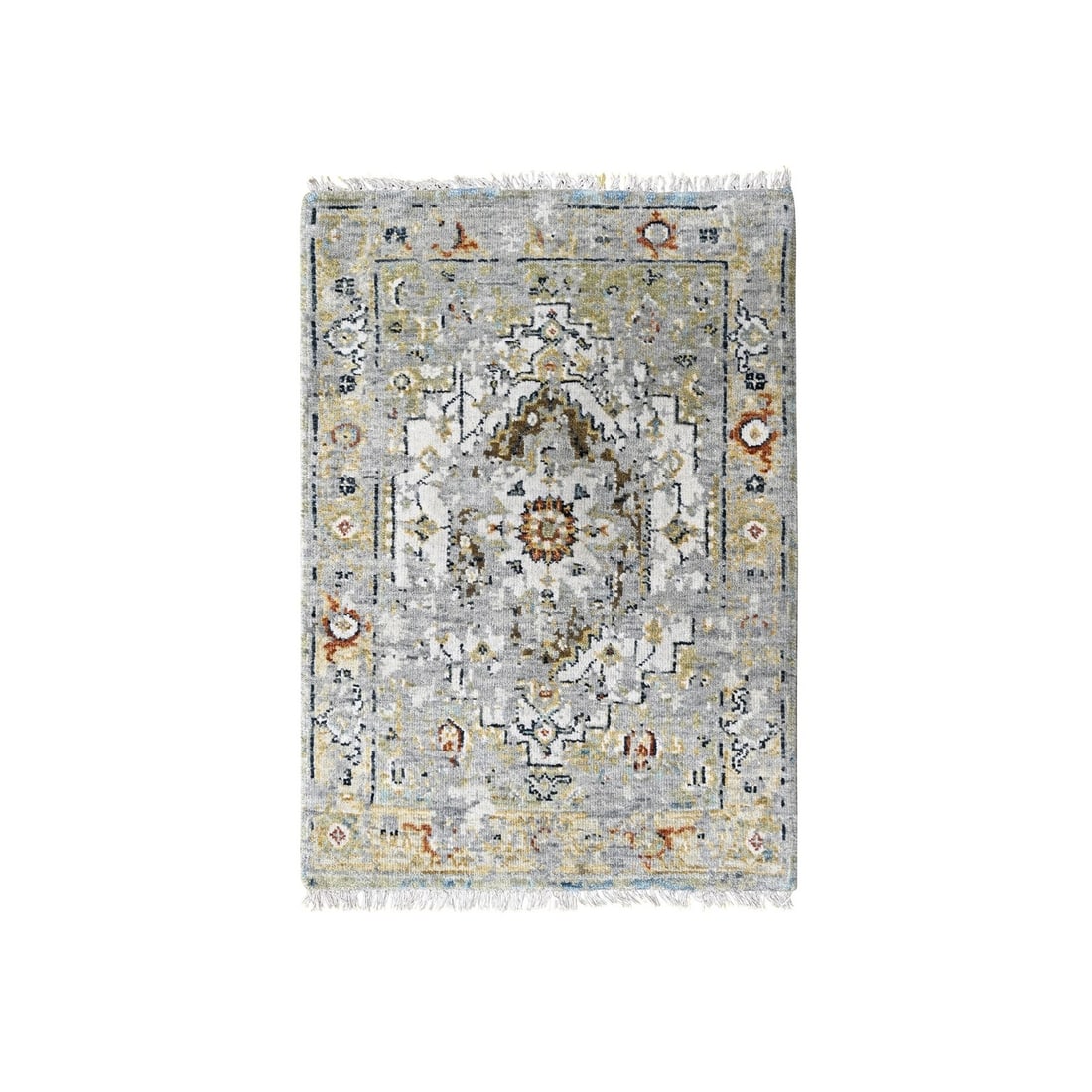 2'x3' Smoky White Broken And Erased Heris Design Wool Mat Oriental Rug: 2'x3' Smoky White Broken And Erased Heris Design Wool Mat Oriental Rug The Smoky White Broken And Erased Heris Design Wool Mat Oriental Rug boasts an intricate hand-knotted design in ivory and subtle