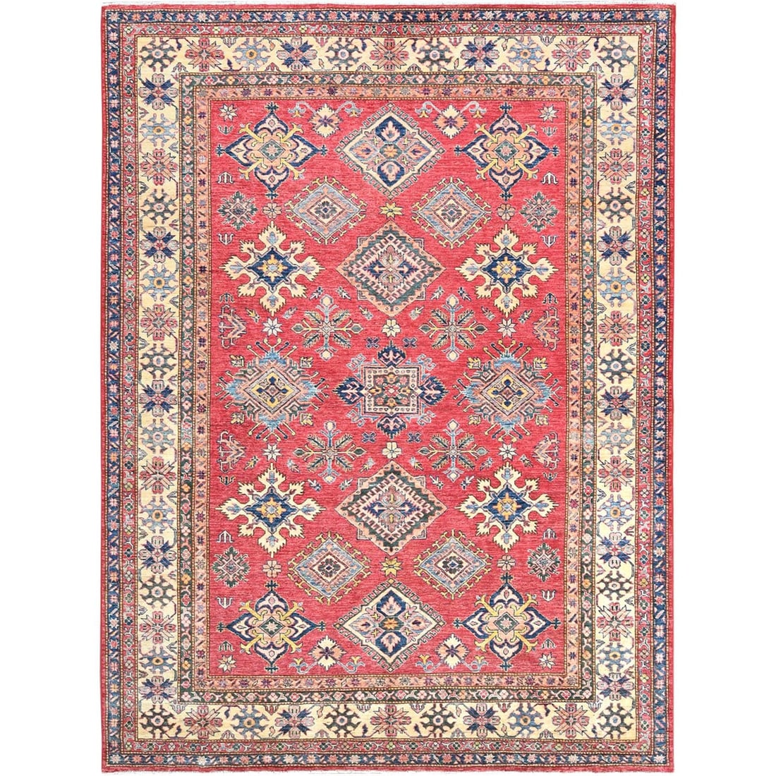 7'10"x10'6" Coral Red Natural Wool Hand Knotted Afghan Super Kazak Rug: 7'10"x10'6" Coral Red Natural Wool Hand Knotted Afghan Super Kazak Rug The Coral Red Natural Wool Hand Knotted Afghan Super Kazak Rug boasts a stunning rectangular field with an intricate Oriental