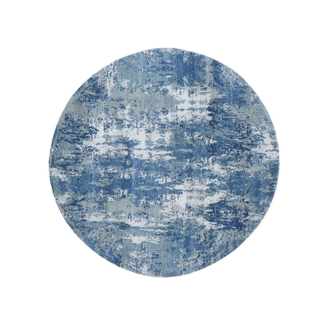 6'2"x6'2" Round Abstract Design Wool and Pure Silk Hand Knotted Blue Rug: 6'2"x6'2" Round Abstract Design Wool and Pure Silk Hand Knotted Blue Rug 6'2"x6'2" Round Abstract Design Wool and Pure Silk Hand Knotted Blue Rug features an intricate, hand-knotted design in a vibran