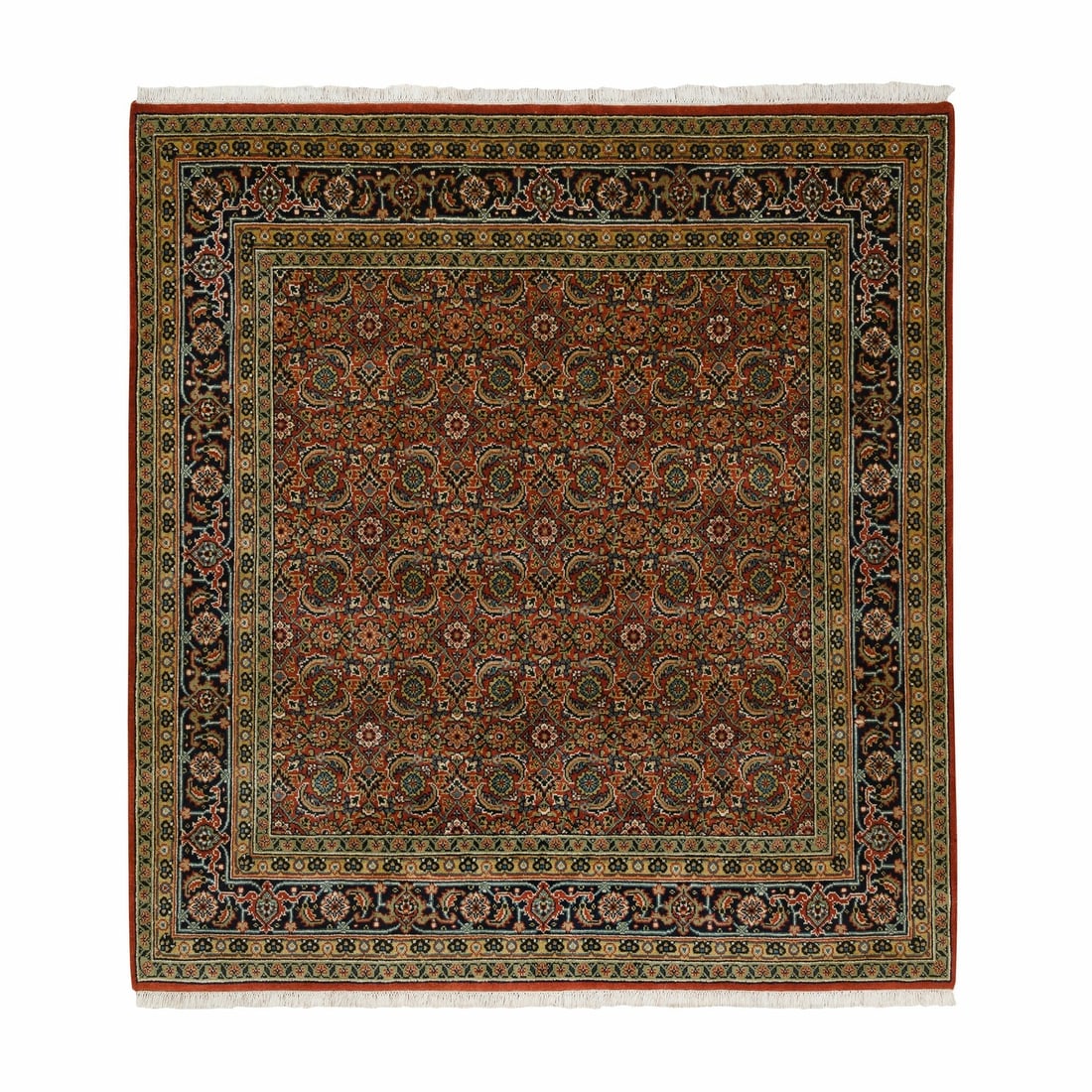Square hand knotted wool silk rug herati fish design 6'1: Square hand knotted wool silk rug herati fish design 6'1 Square hand knotted wool silk rug herati fish design, measuring 6'1" x 6'1". This vibrant red oriental-style rug features a striking herati
