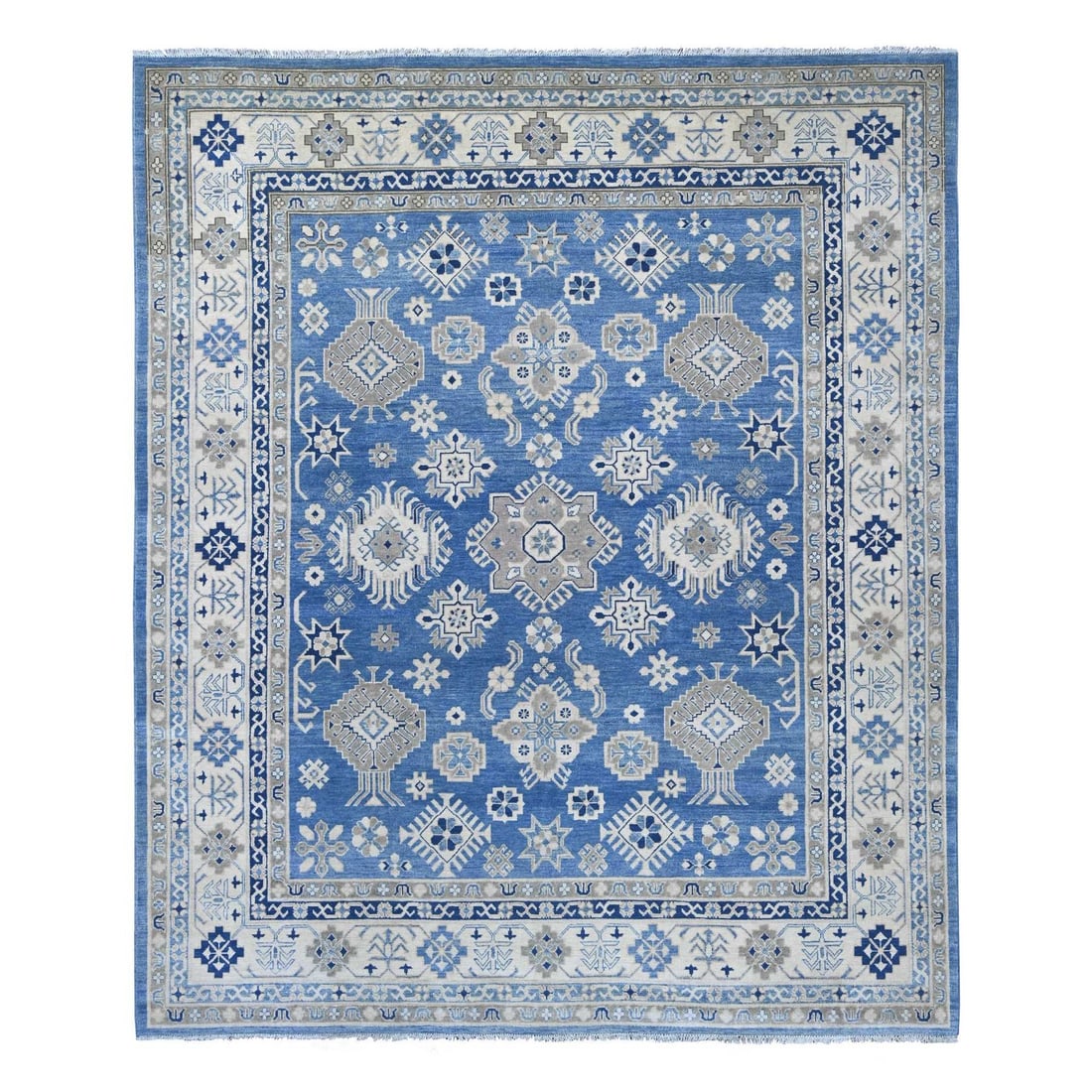 8'2"x9'7" Blue Vintage Look Kazak All Over Design Wool Hand Knotted Rug: 8'2"x9'7" Blue Vintage Look Kazak All Over Design Wool Hand Knotted Rug The 8'2"x9'7" Blue Vintage Look Kazak All Over Design Wool Hand Knotted Rug boasts a stunning all-over design in a rich blue hue