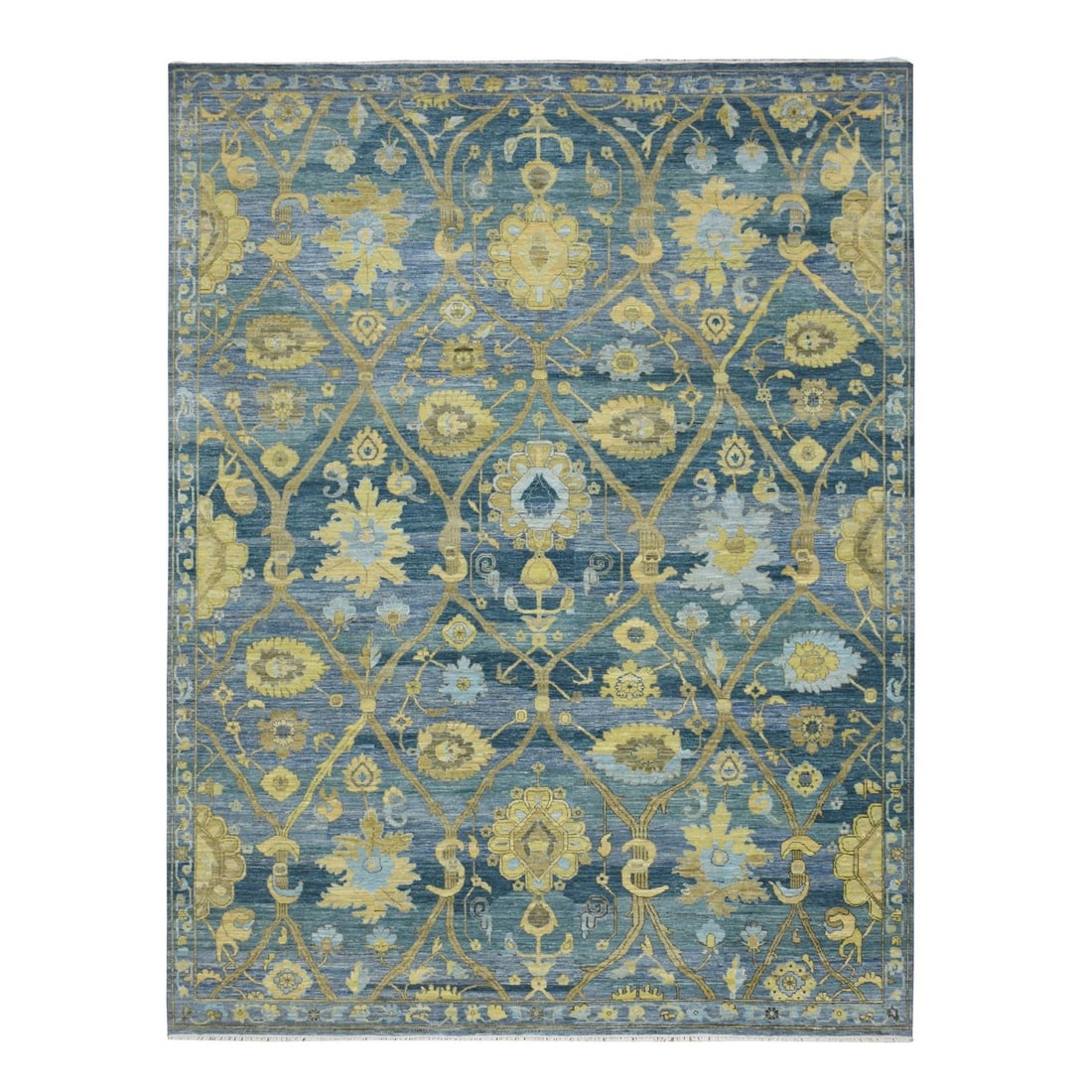 9'1"x12' Stone Blue Trellis Garden Design Abrash Wool Hand Knotted Agra: 9'1"x12' Stone Blue Trellis Garden Design Abrash Wool Hand Knotted Agra 9'1" x 12' Stone Blue Trellis Garden Design Abrash Wool Hand Knotted Agra Rug - This stunning hand-knotted wool rug boasts a