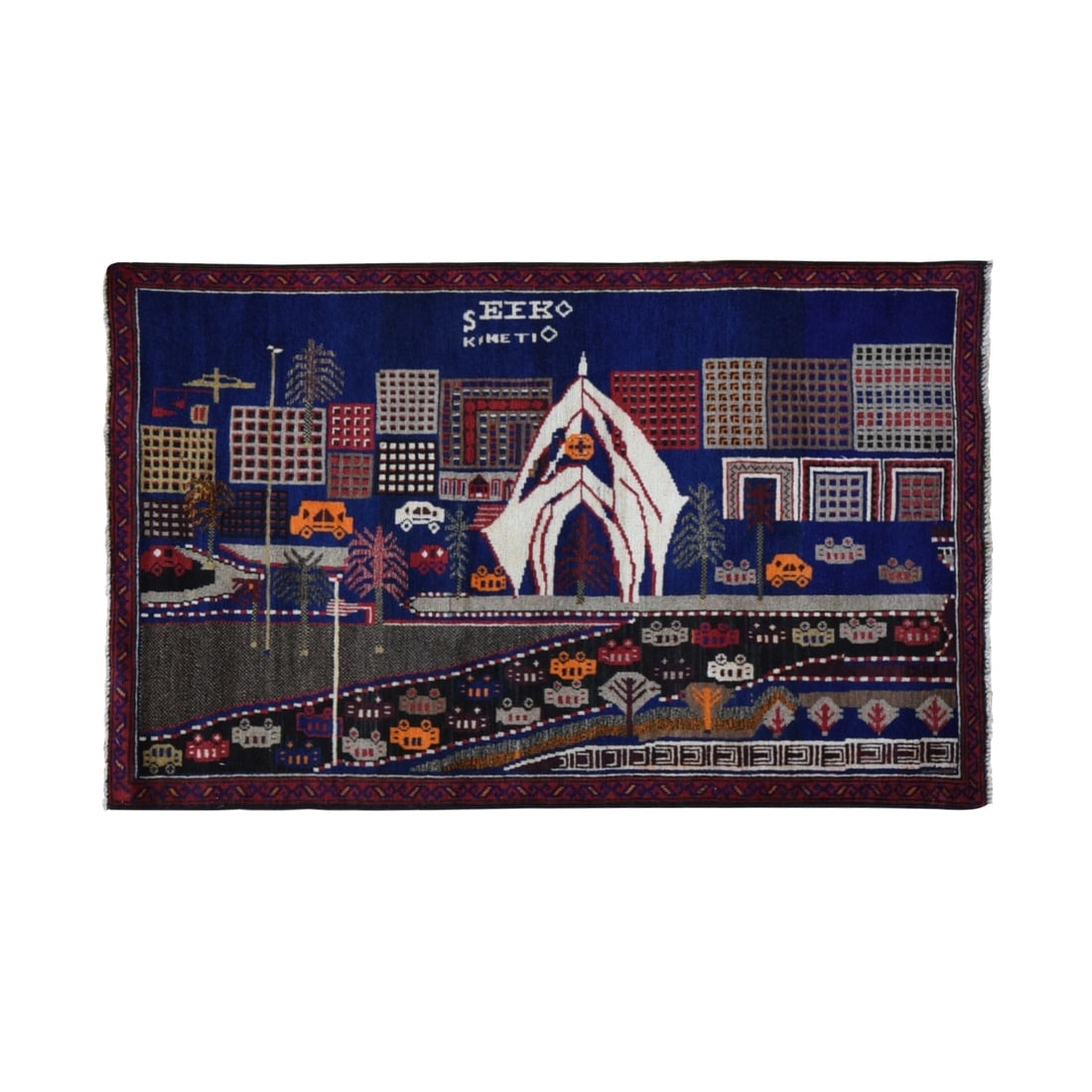 3'x4'10" Pictorial with Cars and Buildings Natural Wool Hand Knotted Rug: 3'x4'10" Pictorial with Cars and Buildings Natural Wool Hand Knotted Rug This natural wool hand-knotted rug features a vibrant blue color and measures 58" x 36". The unique design showcases cars and b