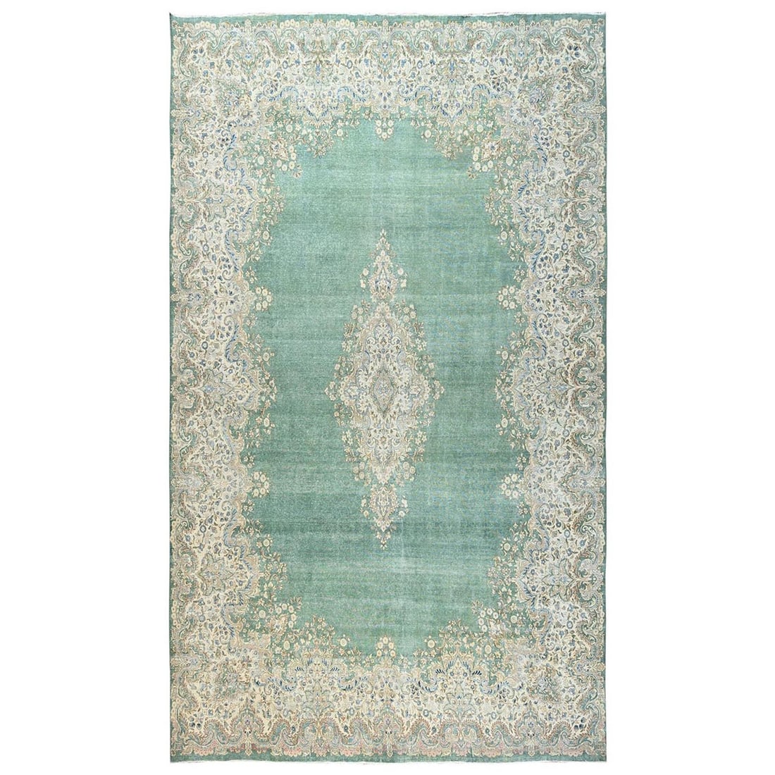 Green vintage 12'3"x21'2" hand knotted pure wool rug: Green vintage 12'3"x21'2" hand knotted pure wool rug Hand-knotted in pure wool, this striking green vintage rug boasts a medallion pattern characteristic of Zoroastrian design. Measuring 12'3" x 21'2"
