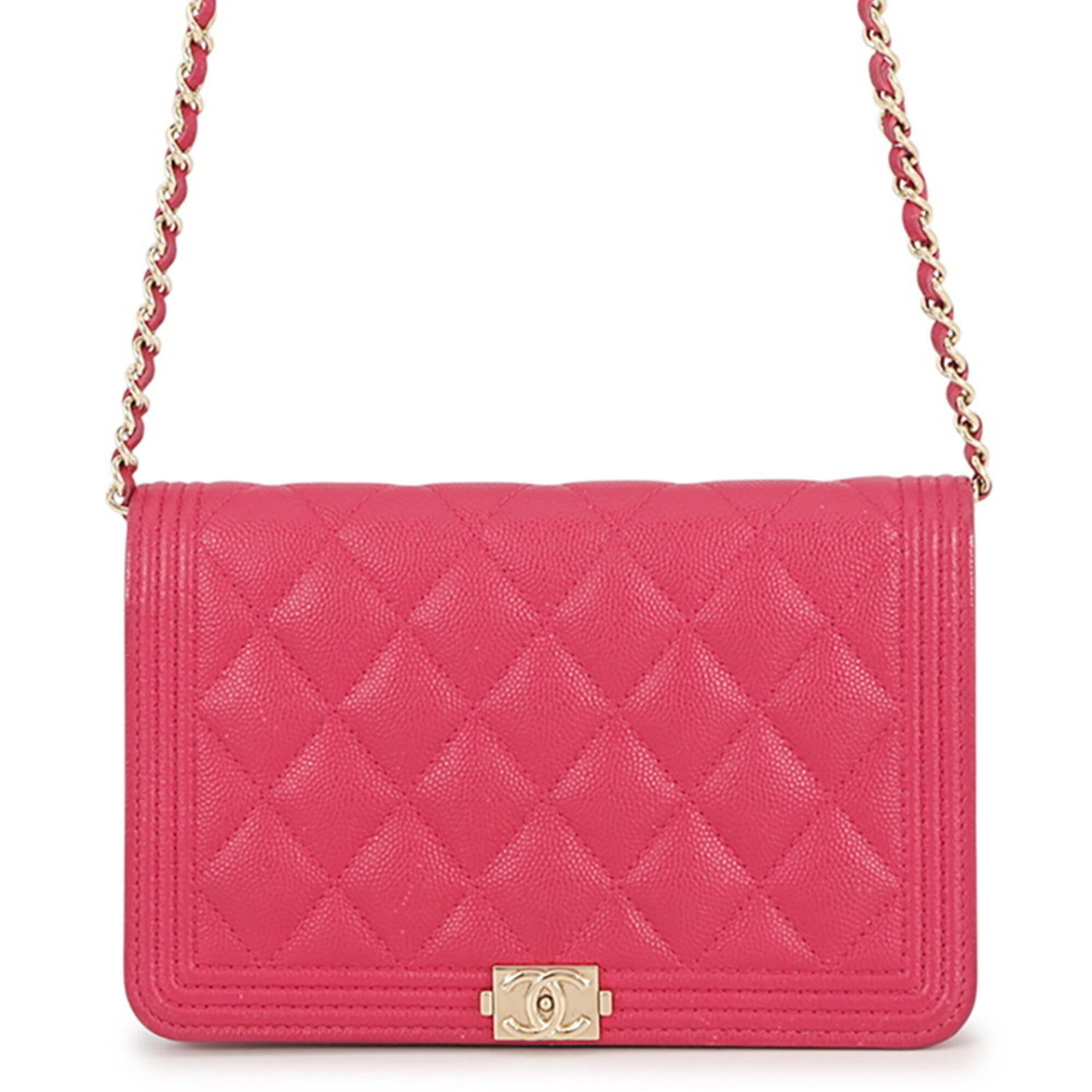 Chanel Chain/ Shoulder Wallet Grained Calfskin: Chanel Chain/ Shoulder Wallet Grained Calfskin Chain/Shoulder wallet in Grained Calfskin, featuring a pink color and dimensions of 12cm x 19cm x 4cm. This Chanel design showcases the brand's