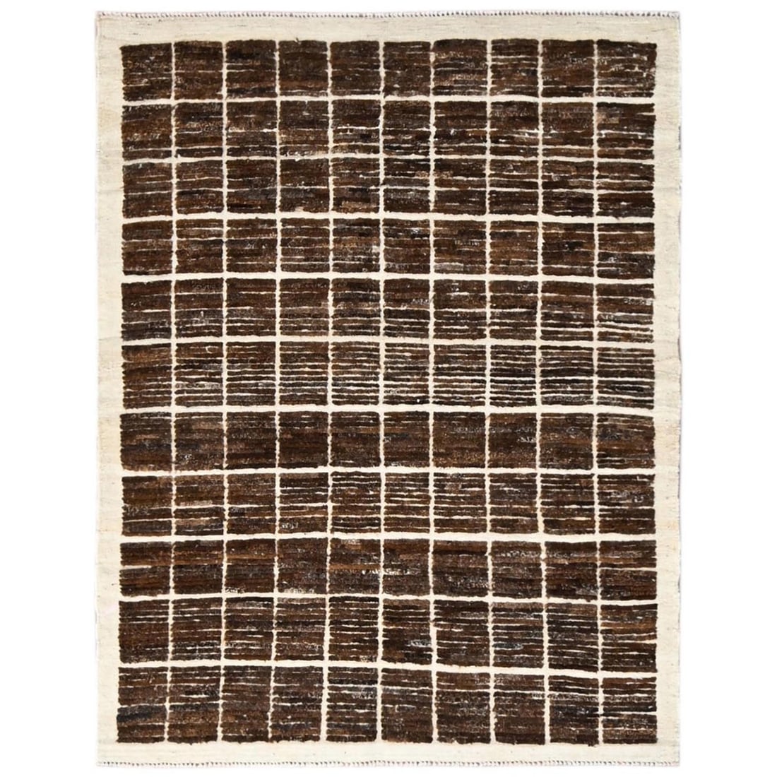 4'4"x5'8" Brown Moroccan Weave Grid Design Hand Knotted Natural Wool Rug: 4'4"x5'8" Brown Moroccan Weave Grid Design Hand Knotted Natural Wool Rug This beautiful, hand-knotted Moroccan weave grid design rug boasts a stunning brown color and intricate wool pattern. Made from