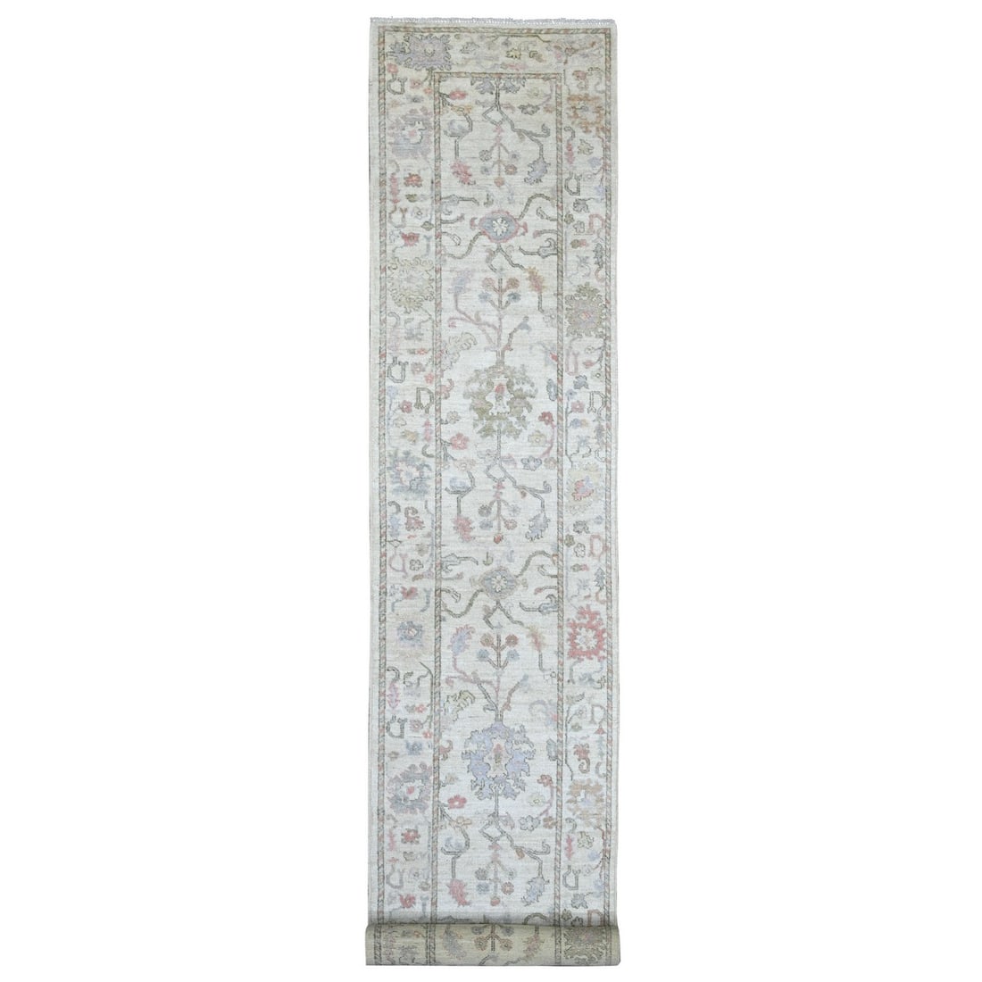 3'x19'6" Ivory Angora Oushak Leaf Design Hand Knotted Pure Wool Runner Rug: 3'x19'6" Ivory Angora Oushak Leaf Design Hand Knotted Pure Wool Runner Rug This stunning ivory Angora Oushak leaf design hand knotted pure wool runner rug boasts an intricate floral pattern, showcasin