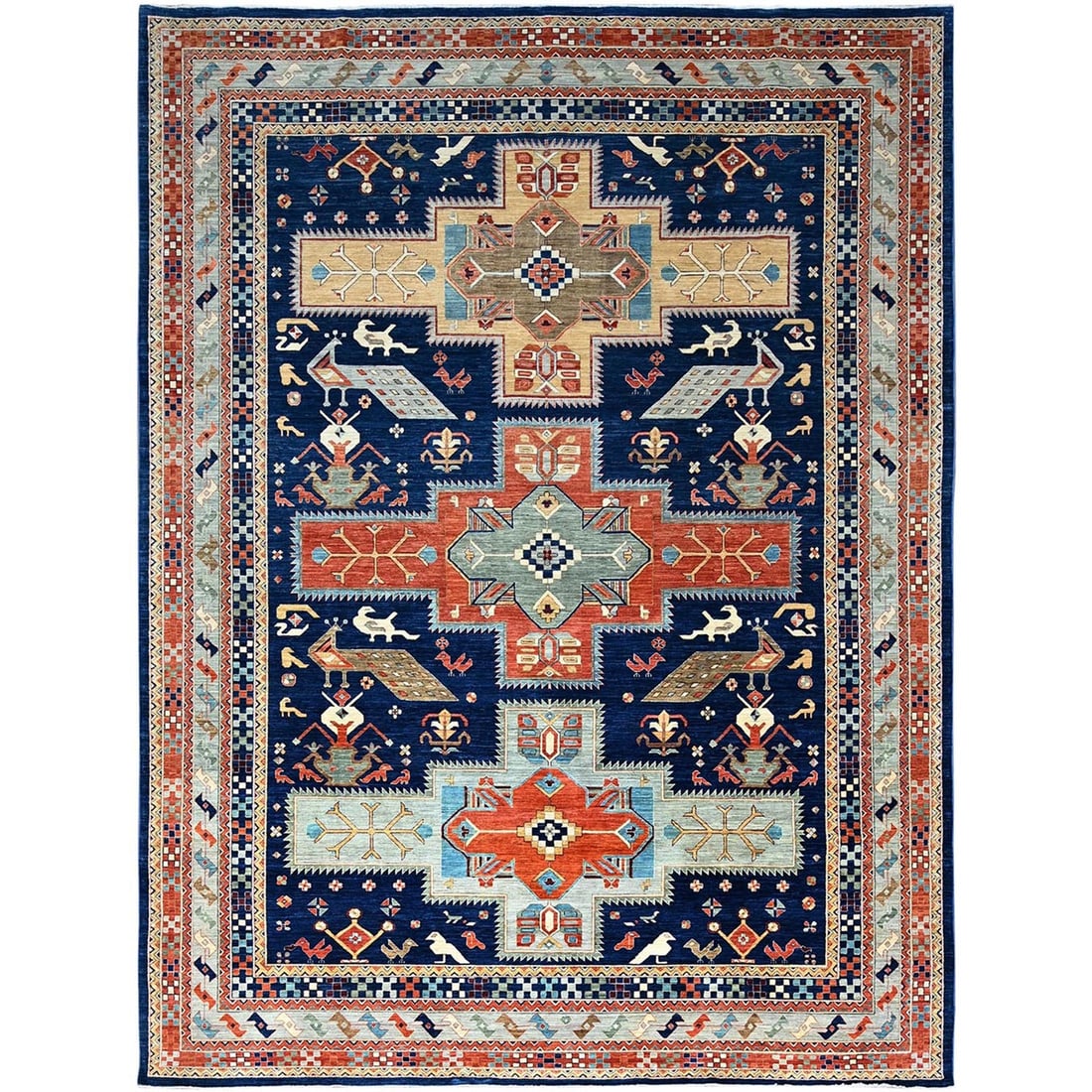 9'10"x13'7" Blue Caucasian Design Small Bird Figurines Oriental Rug (1 of 12)