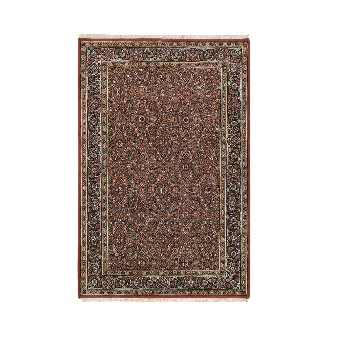 4'x6'3" Wool and Silk Herati Design Hand Knotted 250 KPSI Red Rug: 4'x6'3" Wool and Silk Herati Design Hand Knotted 250 KPSI Red Rug Hand-knotted with wool and silk, this vibrant red Herati design rug measures 4'0" x 6'3". The intricate pattern features a rectangular