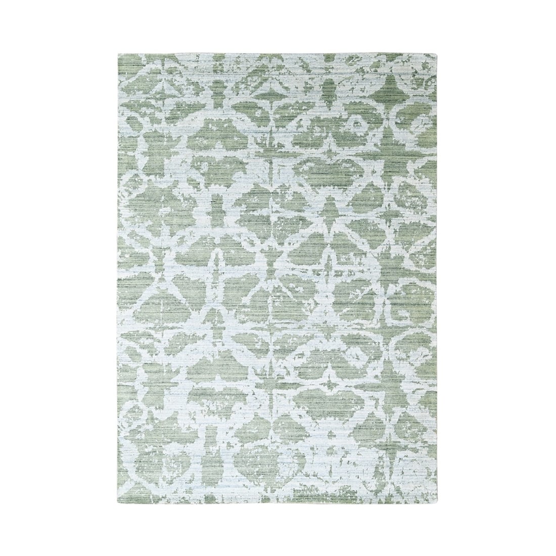 6'7"x9'6" Sage Green Hand Loomed Modern Design Wool and Bamboo Silk Rug: 6'7"x9'6" Sage Green Hand Loomed Modern Design Wool and Bamboo Silk Rug Modern Sage Green Hand Loomed Rug. This stunning, hand loomed rug boasts a unique blend of wool and silk fibers in a striking sa