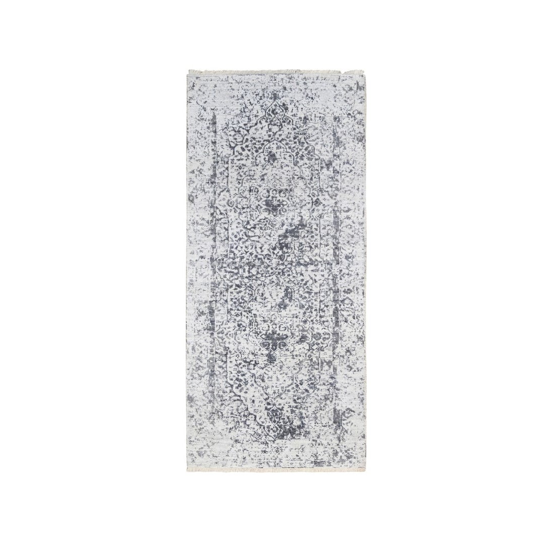 2'6"x5'10" Wool/ Silk Hand Knotted Gray Erased Farsian Design Runner Rug: 2'6"x5'10" Wool/ Silk Hand Knotted Gray Erased Farsian Design Runner Rug Hand-knotted with wool and silk, this stunning 2'6"x5'10" Erased Farsian design runner rug boasts a beautiful grey field color.