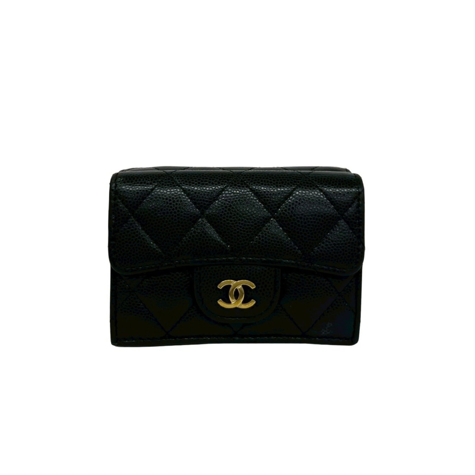 Chanel Wallet (Tri-Fold) Grained Calfskin: Chanel Wallet (Tri-Fold) Grained Calfskin Black Grained Calfskin Tri-Fold Wallet from Chanel. This sleek and sophisticated wallet boasts clean lines, precise craftsmanship, and premium materials. Its 