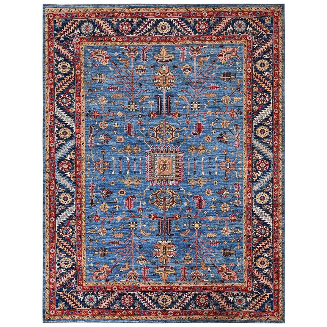 8'10"x12' Blue Hand Knotted Afghan Peshawar with Heris All Over Design Wool: 8'10"x12' Blue Hand Knotted Afghan Peshawar with Heris All Over Design Wool The stunning Blue Hand Knotted Afghan Peshawar features an all-over design in rich colors, including red, brown, ivory gray,