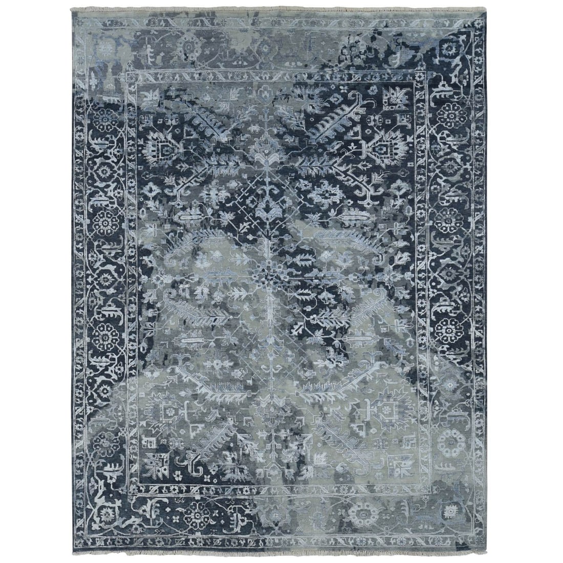 9'x11'10" Gray Wool and Silk Broken Heris Design Hand Knotted Rug: 9'x11'10" Gray Wool and Silk Broken Heris Design Hand Knotted Rug The Broken Design Type hand-knotted rug boasts an intricate, rectangular field with a subtle grey color palette. Made from a blend of 