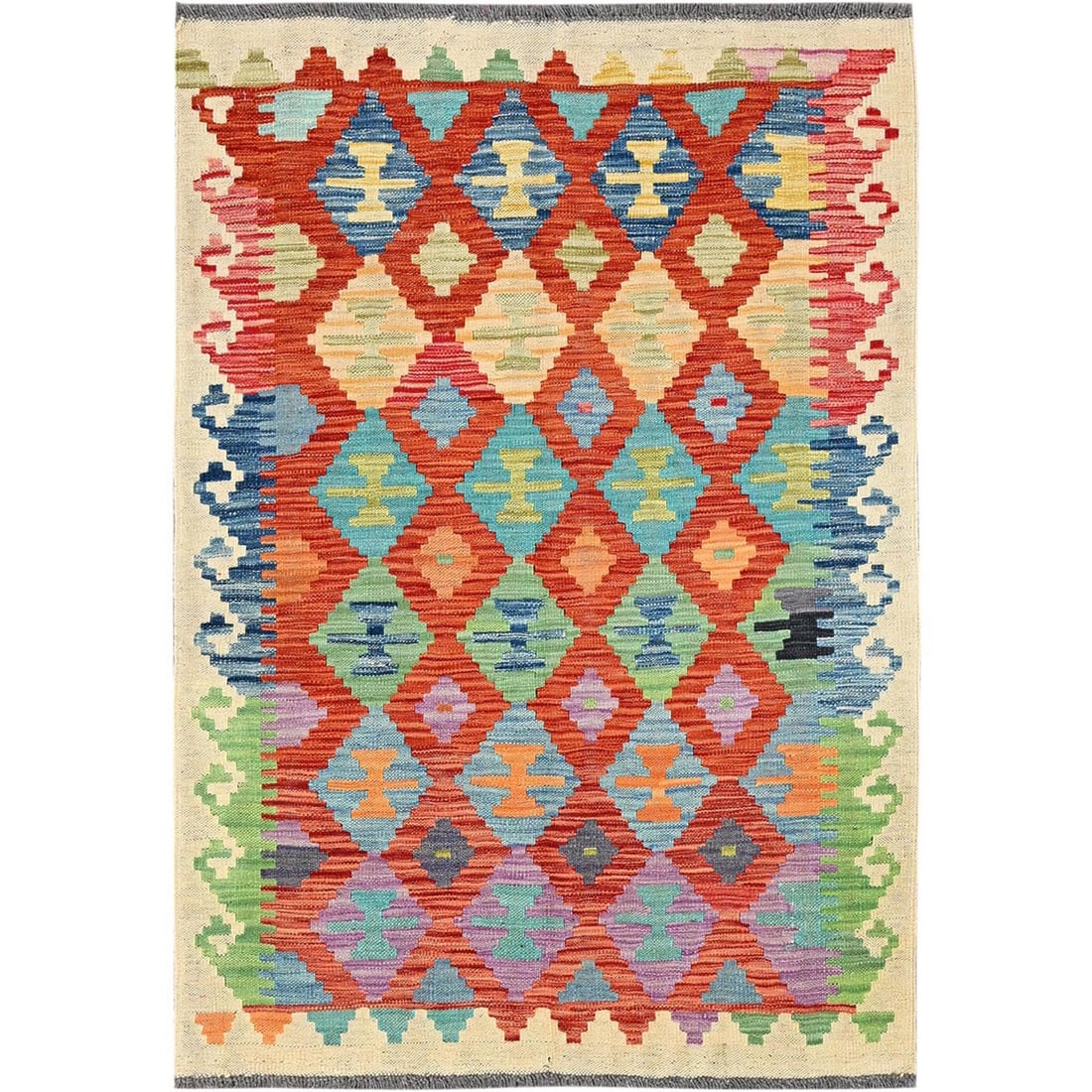 3'4"x4'9" Flame Orange Afghan Kilim Pure Wool Hand Woven Flat Weave Rug: 3'4"x4'9" Flame Orange Afghan Kilim Pure Wool Hand Woven Flat Weave Rug Flame Orange Afghan Kilim Pure Wool Hand Woven Flat Weave Rug boasts a vibrant, geometric design in warm orange hues, complement