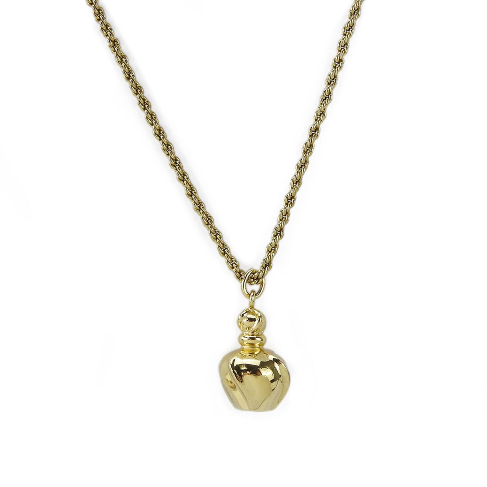 Christian Dior necklace gold with perfume bottle motif: Christian Dior necklace gold with perfume bottle motif Gold necklace with perfume bottle motif, bearing the signature of Christian Dior. The pendant measures 19.3mm x 12.5mm and is set in a gold chain