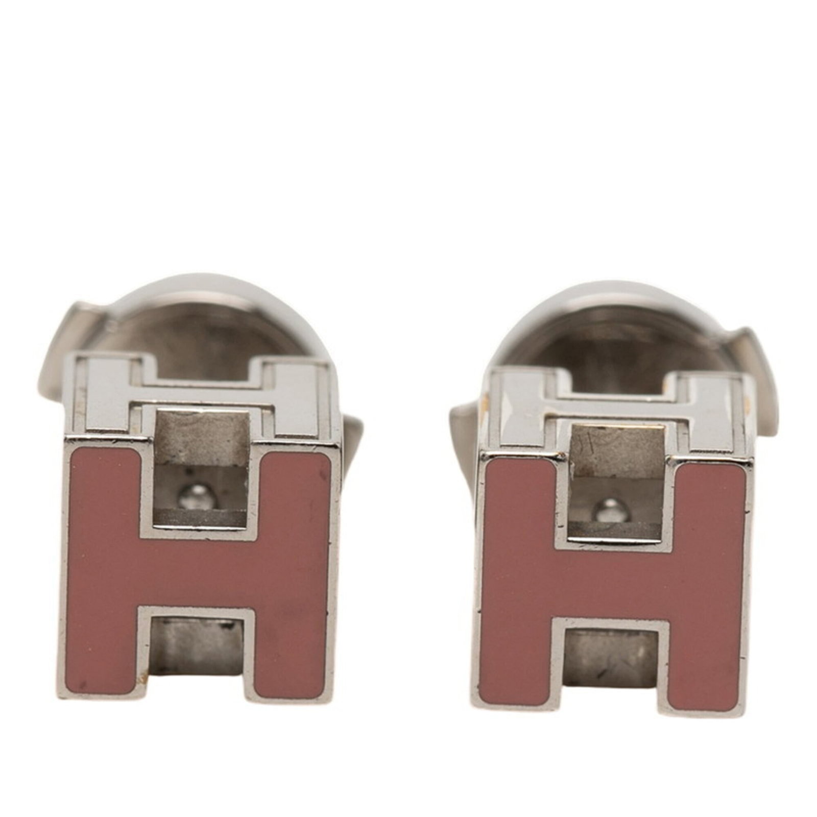 Metal enamel earrings by Hermes stud: Metal enamel earrings by Hermes stud Metal enamel earrings by Hermes stud, featuring pink and silver tones in a sleek design. Made from high-quality enamel and metal materials, these stud earrings sho