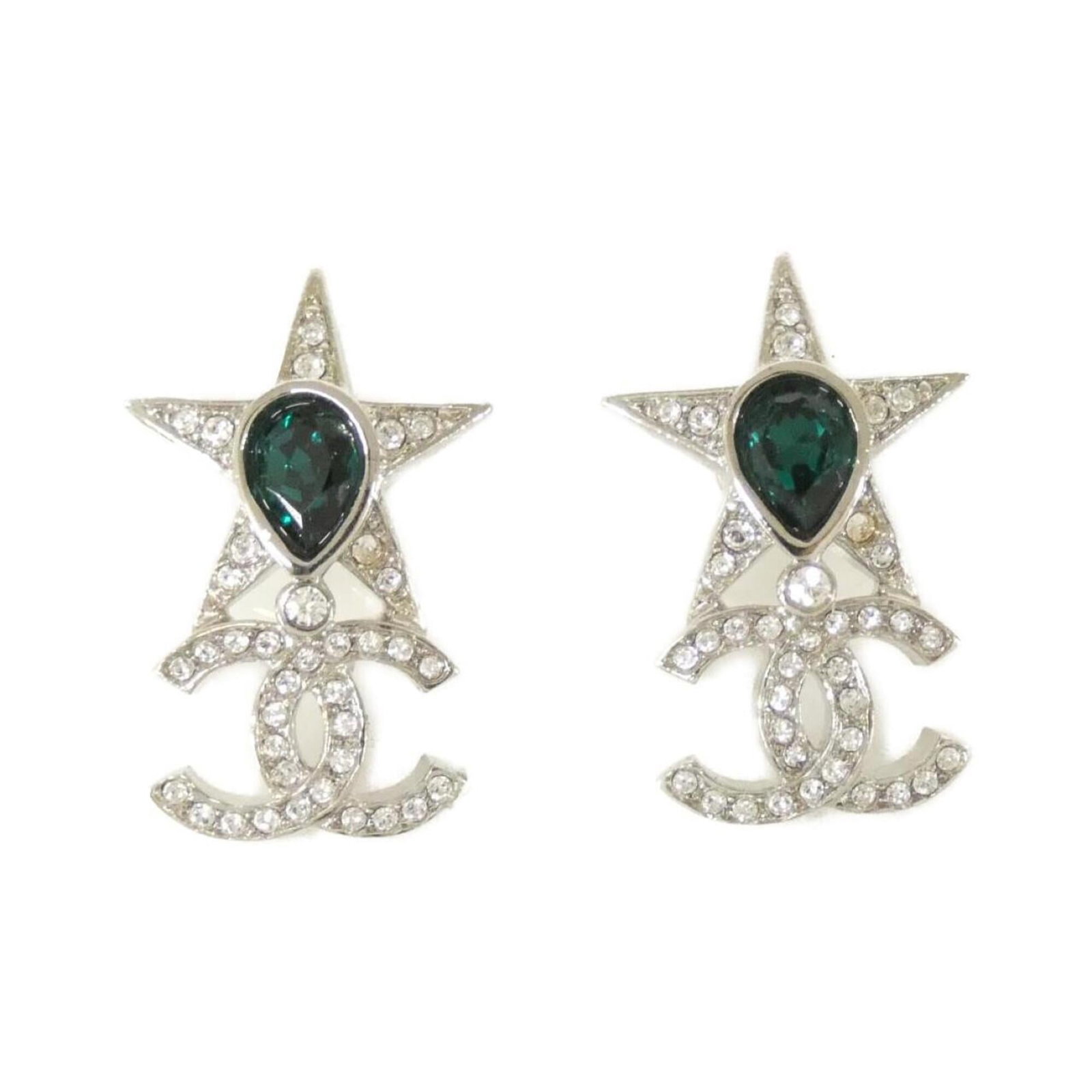 Chanel earrings: Chanel earrings Drop earrings featuring crystal stones in green and silver, measuring 21.00mm x 13.00mm / 0.83'' x 0.51''. The Chanel brand is associated with these drop earrings, which are designed a