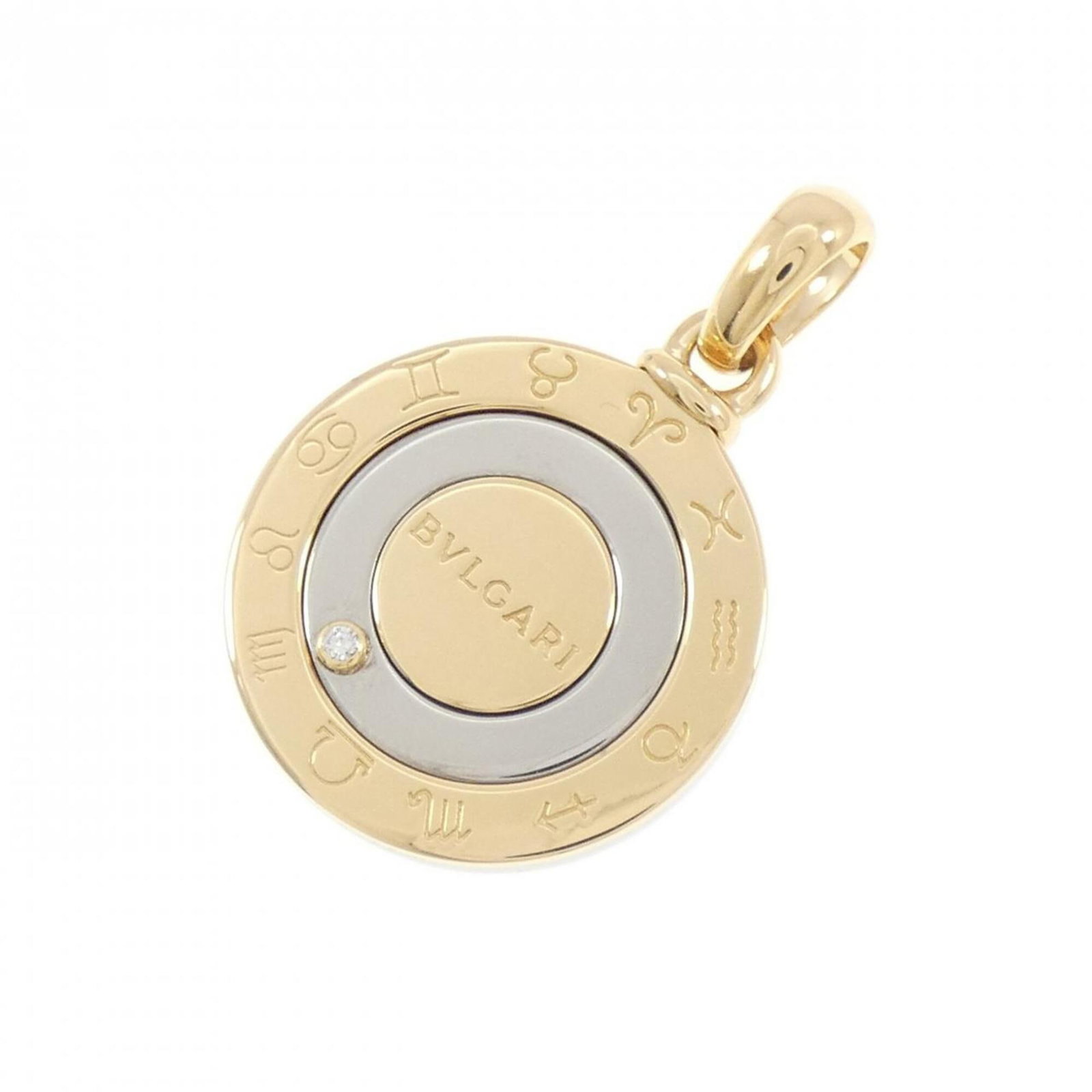 Bvlgari Horoscope Pendant: Bvlgari Horoscope Pendant Stainless steel and yellow gold (18K) come together in the Bvlgari Horoscope Pendant, featuring a diamond-studded design. The pendant measures 35.4mm x 23mm, making it a nota
