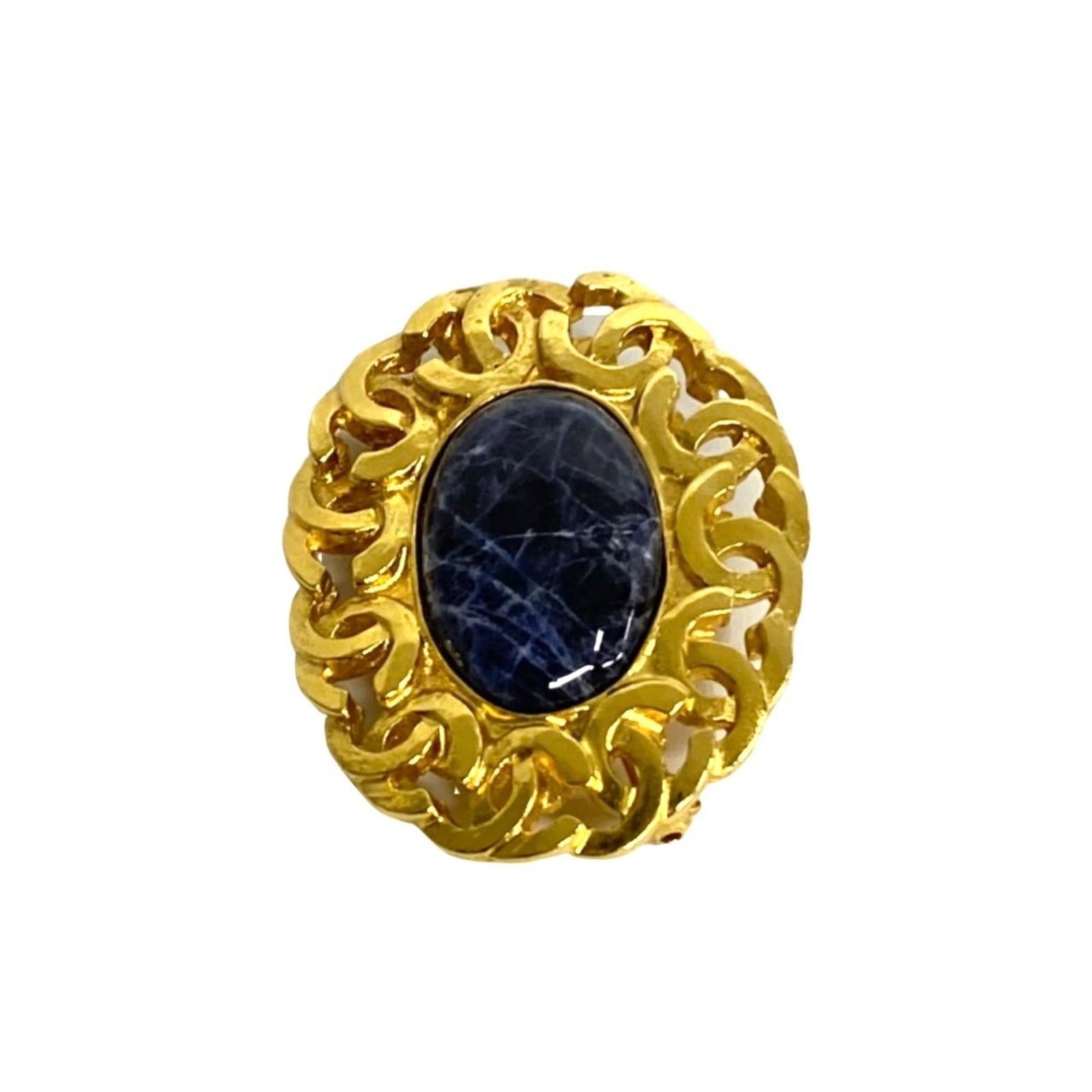 Chanel Brooch: Chanel Brooch Chanel's iconic brooch boasts a stunning gold plated finish and elegant navy color stone, adding a touch of sophistication to any outfit. Measuring 5cm x 4cm in size, this beautifully cr