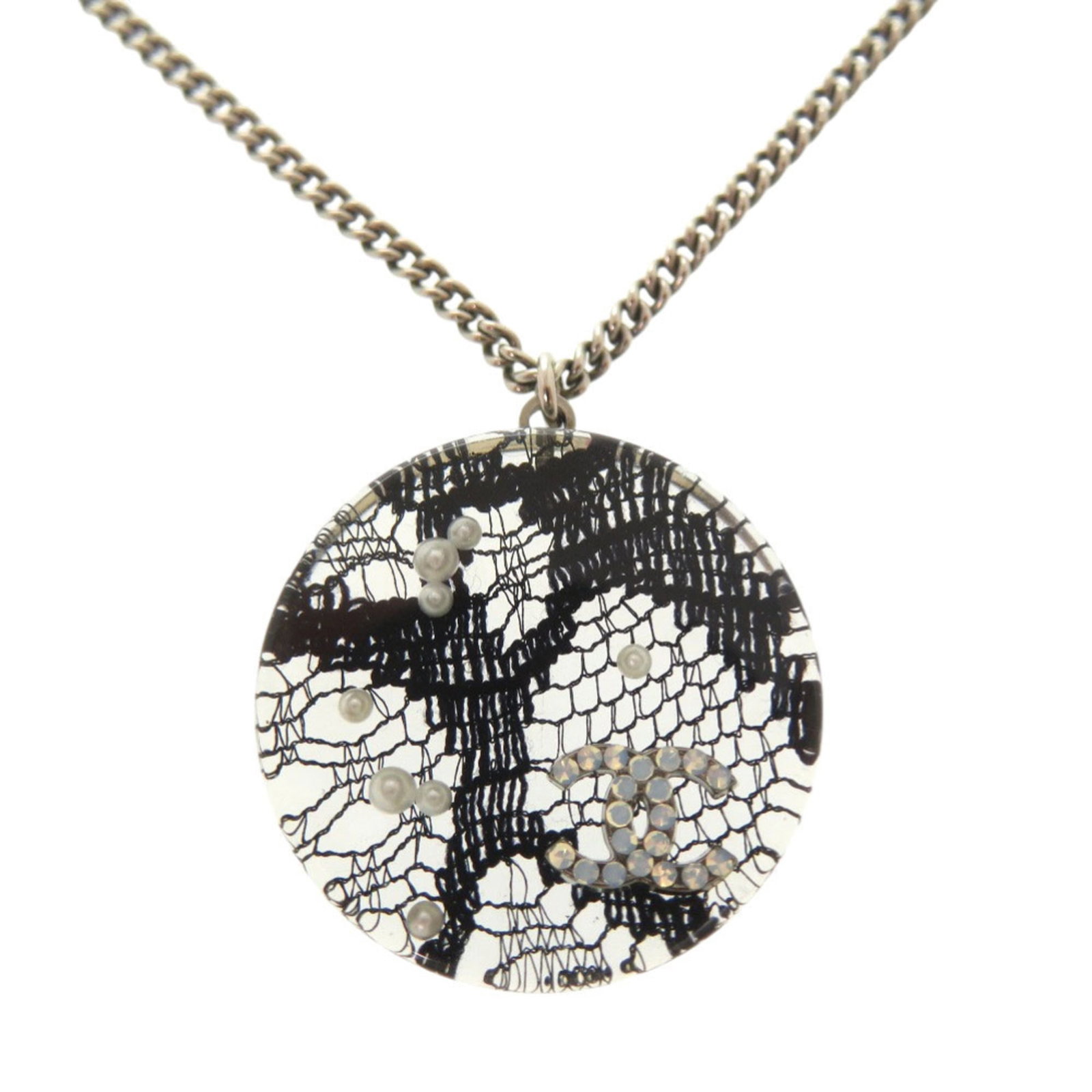 Excellent Condition Chanel Coco Mark Lace Faux Pearl Stone And Resin Necklace In Silver Black. Item: Excellent Condition Chanel Coco Mark Lace Faux Pearl Stone And Resin Necklace In Silver Black. Item Silver and black Chanel Coco Mark lace faux pearl stone and resin necklace in excellent condition, f