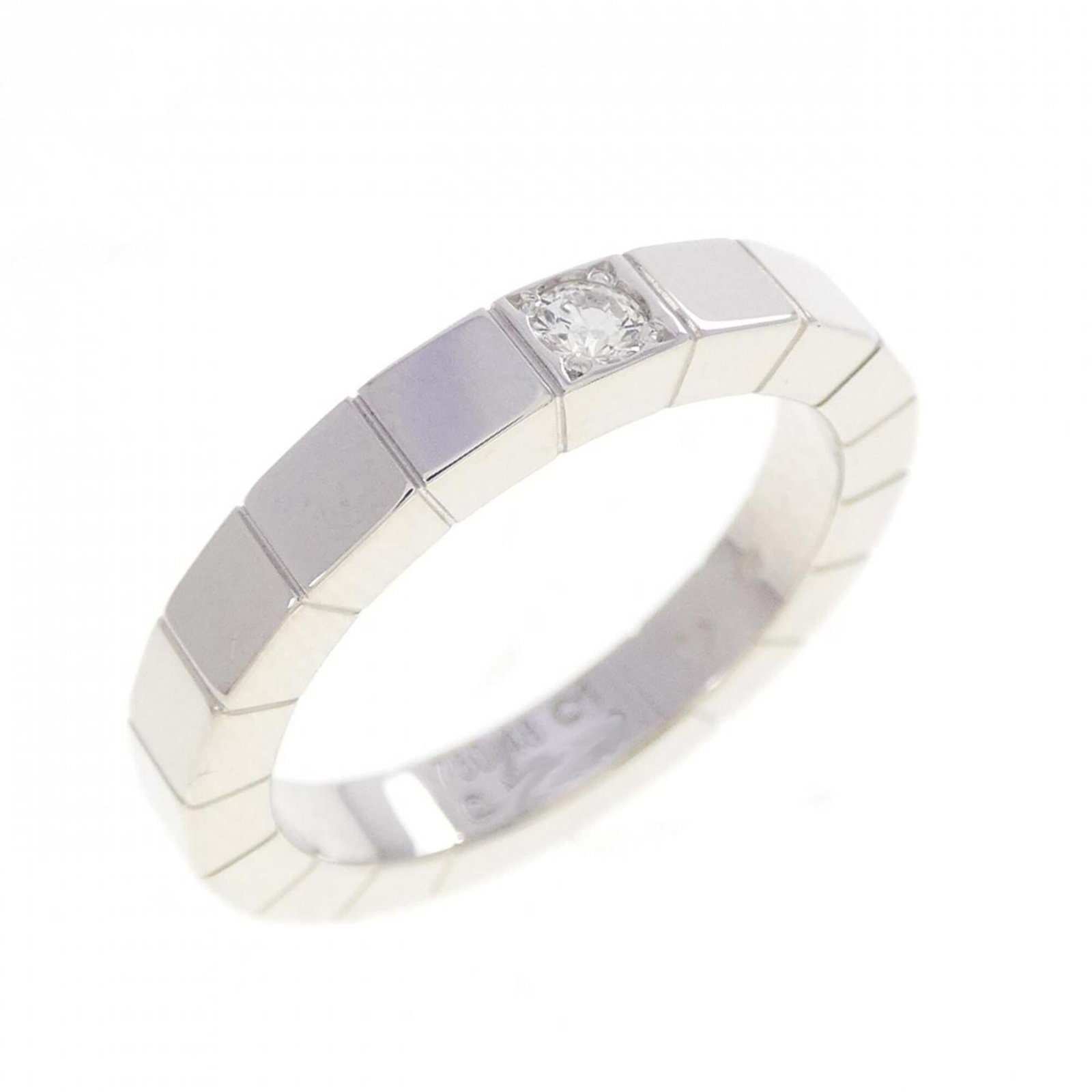 White Gold Band Ring by Cartier 18K: White Gold Band Ring by Cartier 18K Cartier's white gold band ring boasts elegance with its 18K material and diamond stone, making it a sophisticated accessory for women. The ring features the brand's