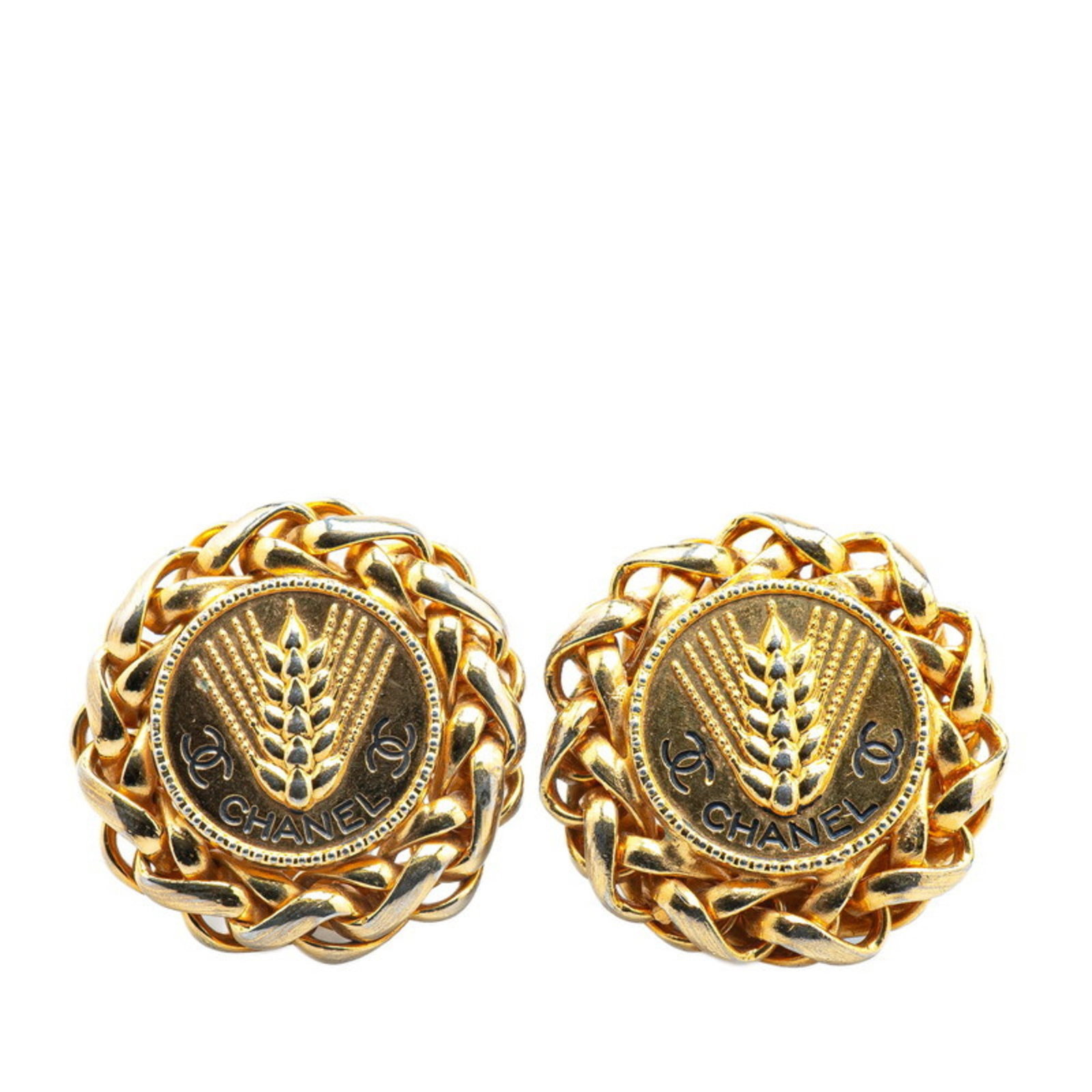 Chanel Clip Earrings Gold Plating: Chanel Clip Earrings Gold Plating Gold plating gives these Chanel clip earrings a sleek, luxurious finish. Measuring 33.70mm x 33.70mm, they come in a compact box for storage and display. The gold